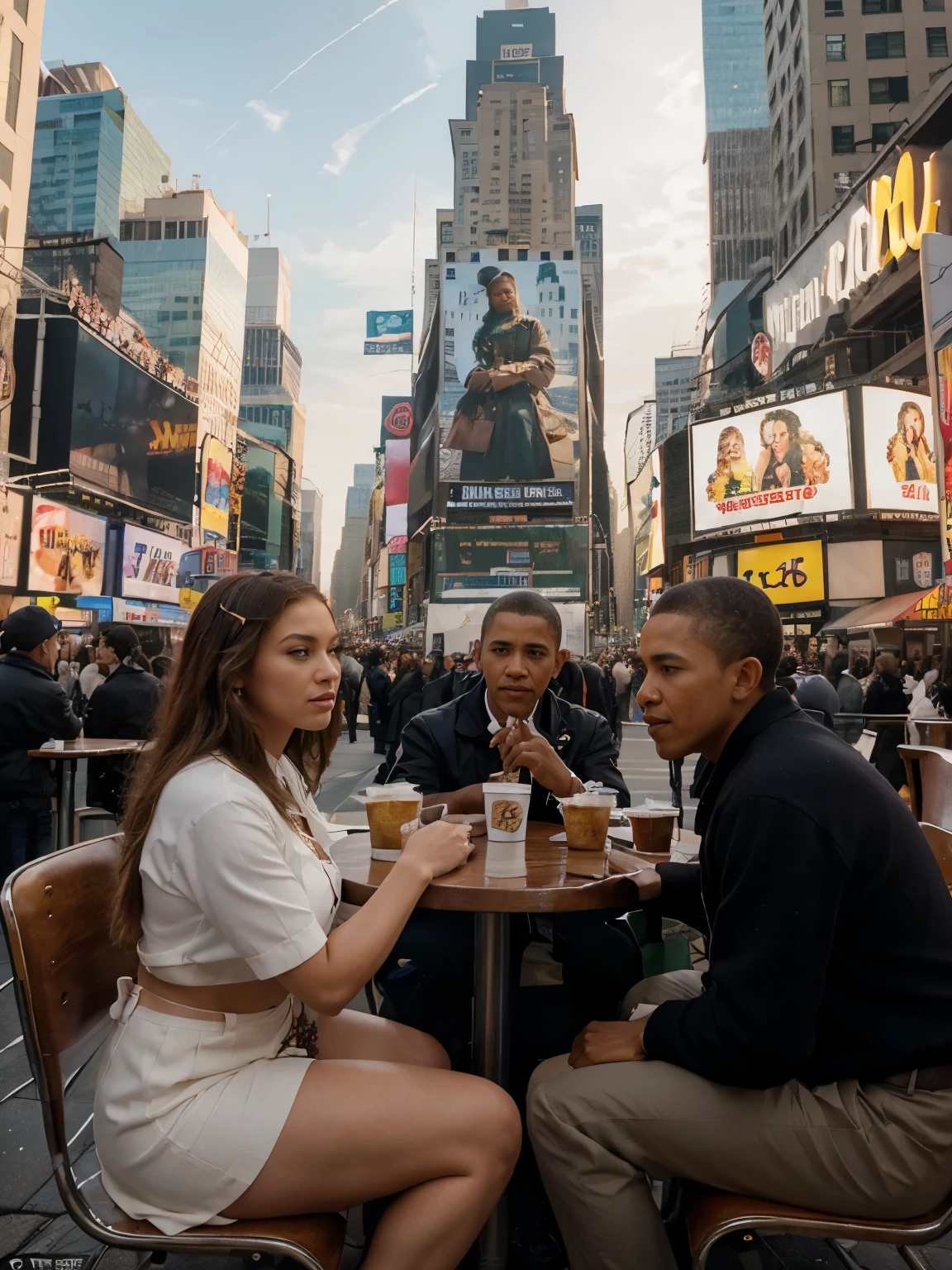 (Masterpiece: 1.2)
High-quality, ultra-detailed, 4K resolution portrait capturing an iconic moment on Times Square, New York. The image features three historical figures: Beyoncé, Barack Obama, and Martin Luther King Jr., seated at a McDonald's booth, flanked by an American flag waving proudly.

In the background, an ancient oak tree stands tall, with roses gently blooming at its base. A majestic bison can be seen grazing near the tree, symbolizing the American wilderness. In the distance, a bald eagle soars, capturing the country's spirit.

The fast-food setting contrasts with