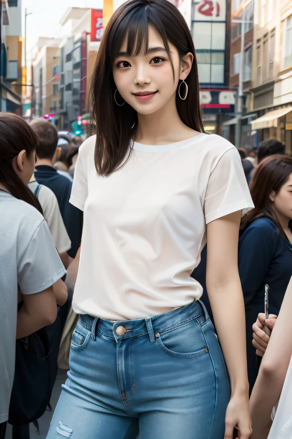 1 Japanese beautiful girl, (Transparent white T-shirt:1.3), (denim pants), 28yo girl, Super beautiful detailed face, (smile:1.4), earrings, (various hair style:1.4, bangs), cowboy shot, (chubby body), (neutral-colored small areola), nude, Naked, BREAK, masterpiece, best quality, ultra quality, high quality, realistic, photo realistic, RAW photo, hyper detailed, intricate detaile, (crowded street:1.4),(no bra),