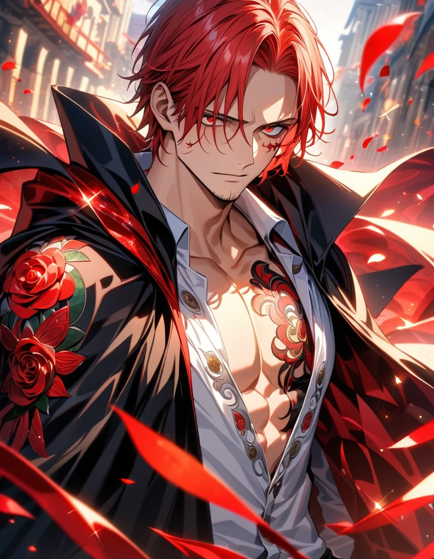 Ultra detailed, HDR, Highres, absurdres, master piece, Shanks, red hair, expressive red eyes, black cape with patterns, One Piece, red glittering butterflies, red ice, petals, red ice roses, sexy man, solo, extremely detailed face and eyes, handsome, glittering, toned chest, white tight T-shirt,