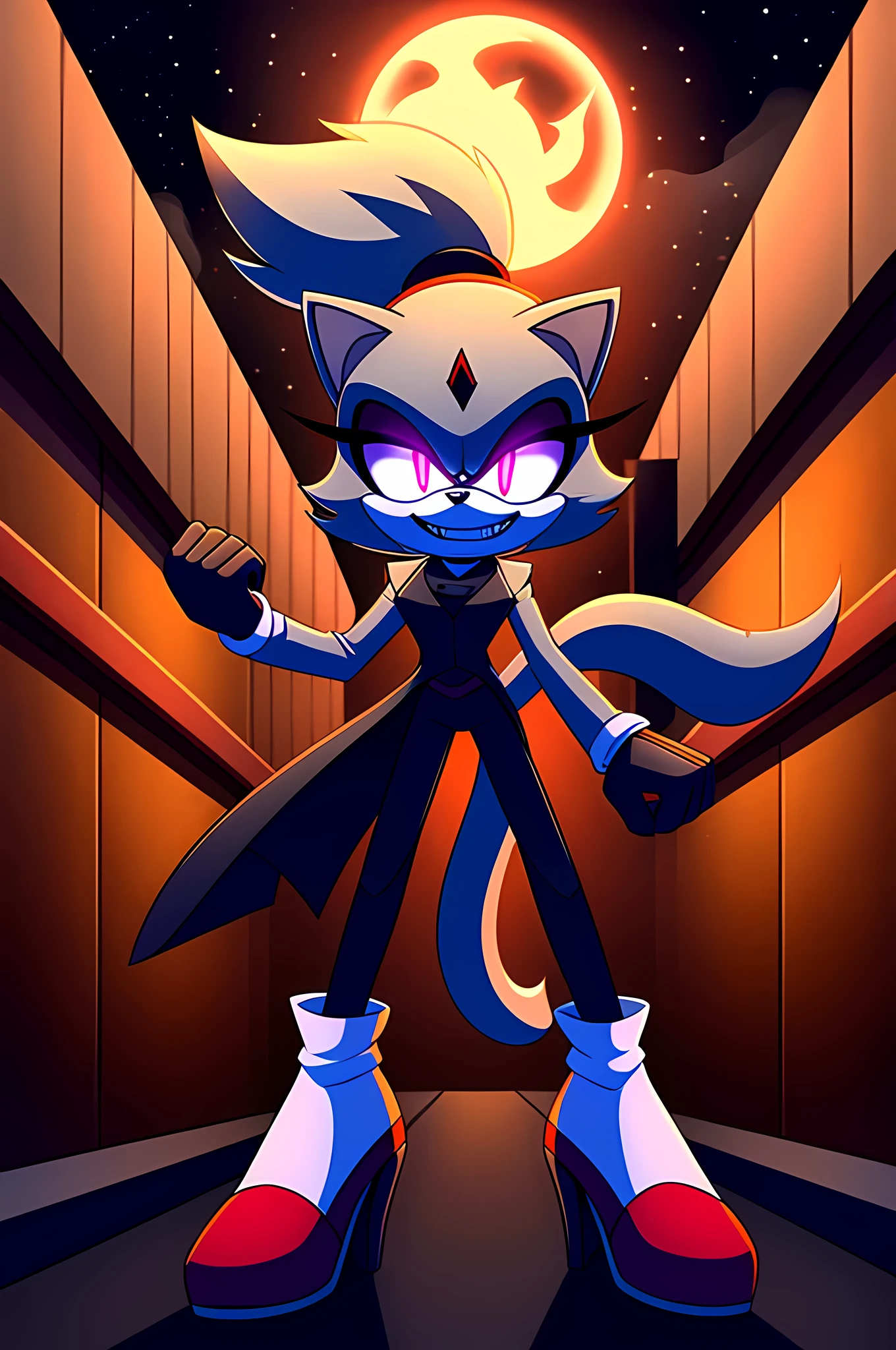 (((masterpiece))), High quality, studio quality, digital art, solo character, mobian, in the style of Sonic the Hedgehog, fluffy and wispy grey fur, female cat demon, intimidating height, tall character, very skinny legs, skinny body, ponytail that sticks straight up, wearing a plain grey coat with coattails, long coattails, white tights, black high heels, big evil grin, evil laughter, reveling in evil laughter, throwing head back, villainous stance, triumphant pose, long fluffy tail, long wispy tail, black eyes with red glowing pupils, smoky atmosphere, in the back of a dark city alleyway, nighttime, graphic novel style art