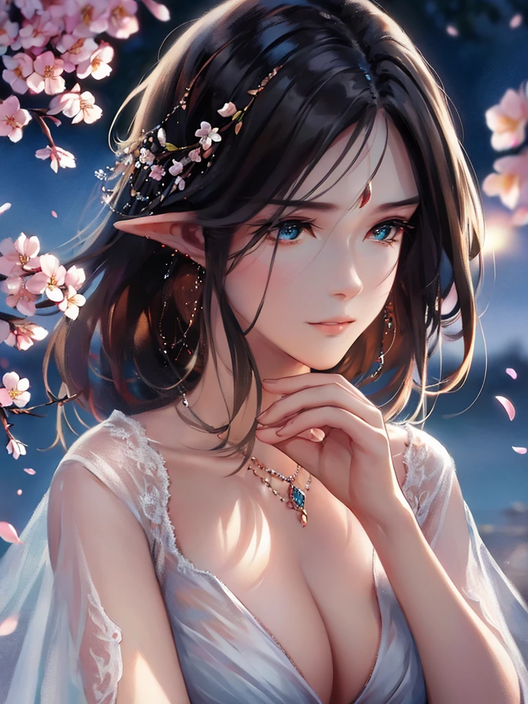 anime style, super fine illustration, highly detailed, dynamic angle, beautiful detailed, 8k, On a spring night, the cherry trees illuminated by the city lights are quietly shining. BREAK A woman stands still, captivated by the beautiful scene, watching the cherry blossoms flutter down. BREAK Her expression tells of her heartfelt admiration for the arrival of spring and the beauty of the cherry blossoms. very good illustration, High detail, dynamic angle, beautiful detailing,2D, (Best quality, masterpiece, Beauty, tenderness), Anime, Highly detailed face, very detailed eyes, very detailed background, Ideal lighting, Whole body, 1 girl, One, (Very detailed cat ears), (Very detailed ears behind the hair), Finely detailed eyes, ears covered with hair, Highly detailed hands, very detailed hands