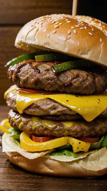 a hamburger on the wooden table, very detailed, close-up on the details, full of details