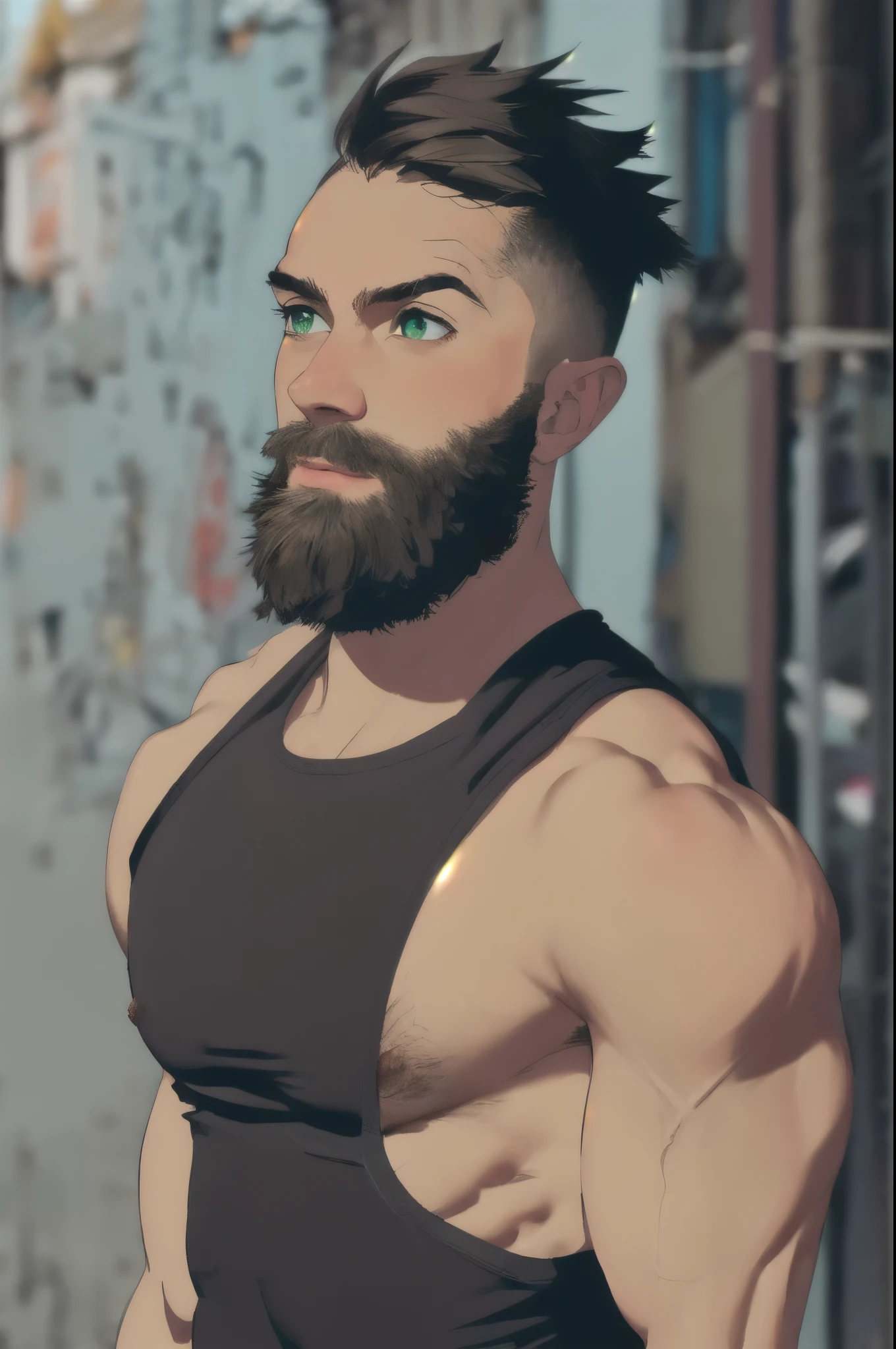 mid_shot, attractive bearded man, defined muscles, alley, ((orange black green)), (distracted), (atmosphere), coherent, continuity, epic, sharp lines, short hair,high contrast, hairy chest, sexy, brasilian, bulge, 3 colors, grey eyes