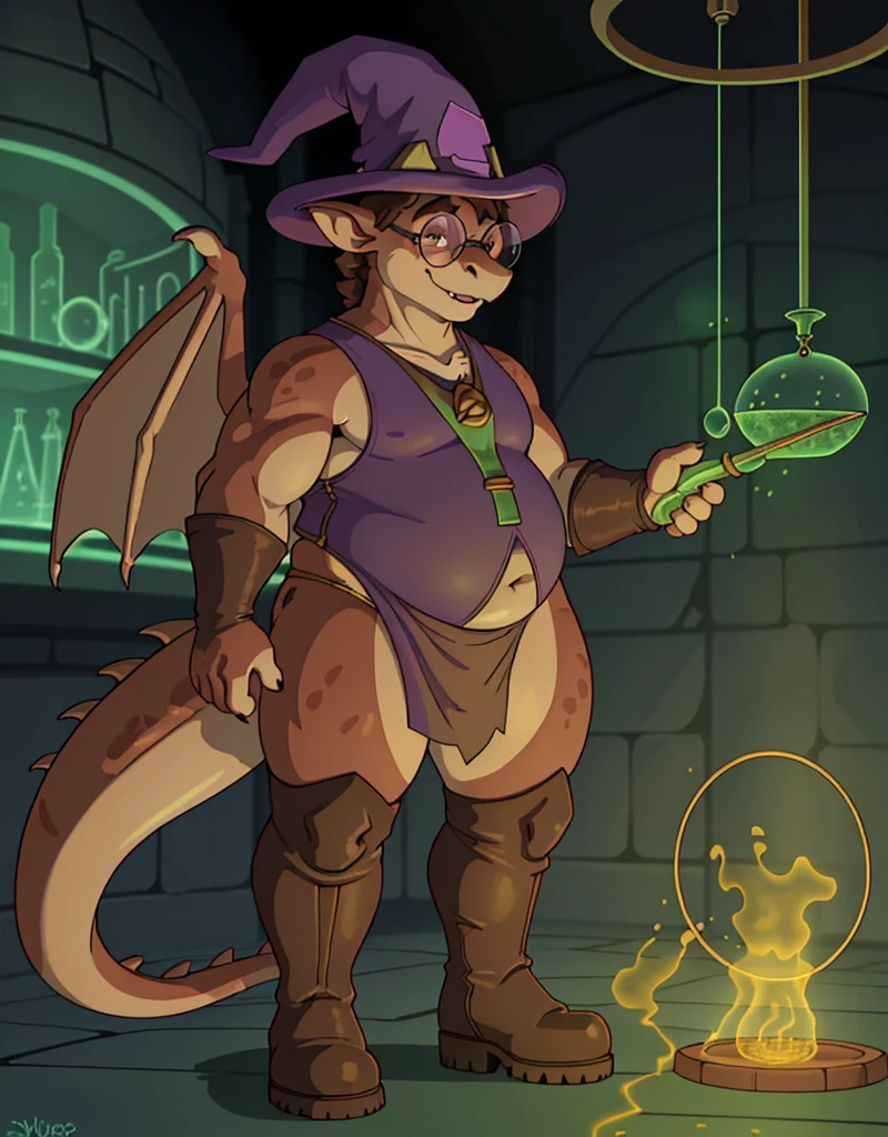A male thick brown anthropomorphic chubby furry dragon, wearing a skimpy tunic, legging, boots, round glasses, wizard hat, round snout, in a alchemy lab, solo, makeing new equipment in a culdredren,