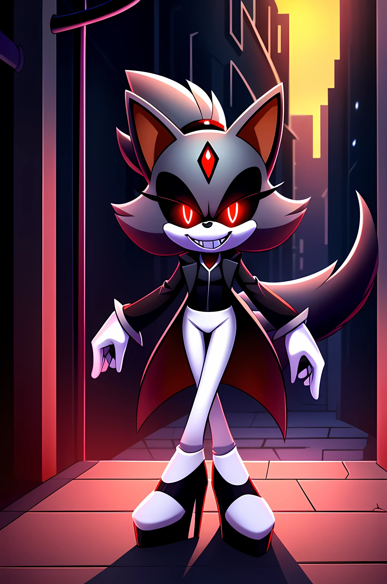 (((masterpiece))), High quality, studio quality, digital art, solo character, mobian, in the style of Sonic the Hedgehog, fluffy and wispy grey fur, female cat demon, intimidating height, very skinny legs, skinny body, ponytail that sticks straight up, wearing a plain grey coat with coattails, long coattails, white leggings, black high heels, big evil grin, malicious smile, evil delight, evil laughter, reveling in evil laughter, throwing head back, villainous stance, triumphant pose, long fluffy tail, long wispy tail, black eyes with red glowing pupils, smoky atmosphere, in the back of a dark city alleyway, nighttime, graphic novel style art