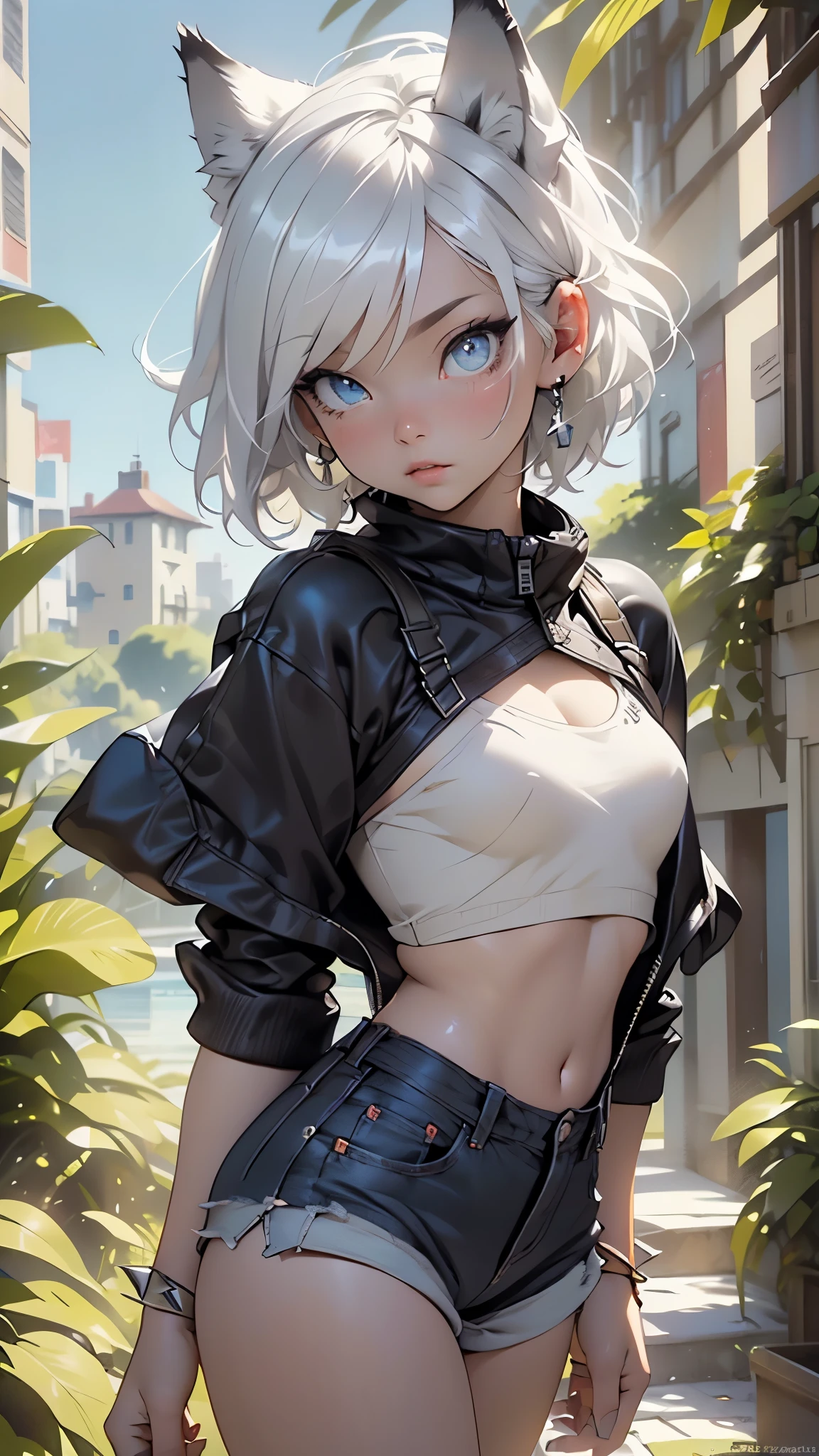 ((male with wolf ears)),((wolf ears:1.5)),is male, male,(male gender),
(((flat chest))),((((white hair:1.35,short white hair,spiked hair)))),(((blue_Eyes:1.3))),beautiful detailed Eyes,symmetrical Eyes,big Eyes:1.5,(((lustrous skin:1.5,bright skin: 1.5,skin tanned,shiny skin,very shiny skin,Shiny body,plastic glitter skin,exaggerated shiny skin,illuminated skin))),(Detailed body,(Detailed face)),((flat chested, flat stomach)),thick thighs, wide hips,(Super flat chest),
Cute,sluttish,Erotic,((NSFW)),
(short,wearing denim short shorts), (tiny bulge on short),wearing fur lined cropped hoodie, wearing thigh high fishnets,
(Dynamic Pose:1.0),embarrassed,(Centered,scale to fit the dimensions,thirds rule),
huge tower on the island,architecture,blue sky,building,day,fantasy,island,huge tower on the island,building,architecture,landscape,sea,beautiful day,rock,sky,tower,tree,waterfall,scenery:1.25,((intricate scenery)),
(Glossy glowing ornaments),highres,sharp focus,(ultra detailed,extremely detailed),(photorealistic artwork:1.37),(extremely detailed CG unity 8k wallpaper),(((vibrant colors,vibrant theme))),(intricate),(masterpiece),(best quality),artistic photography,(photography taken by sldr),(intricate background),perfect rendered face,perfect face details,realistic face,photo realistic,((intricate detail)),(((realism))),