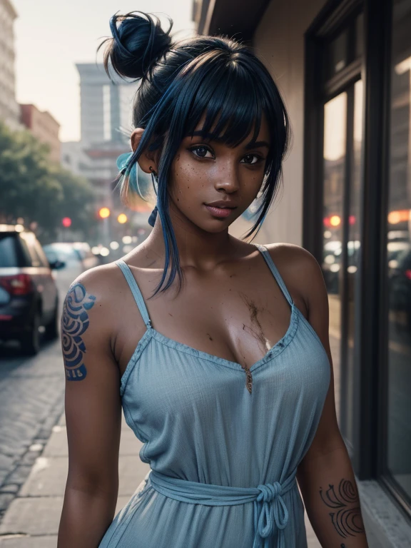 28 years old, gorgeous cute white Indian ultra hot girl,sexy seductive smirking , freckles, (medium dark skin:1.5), (messy blue bangs bun hair:1.4), (realistic:1.4), a woman with tattoos on her shoulder and a gray transparant mini short dress, of dutch European girl with tattoos,  (masterpiece:1.0), (best_quality:1.0), ultra high res,4K,ultra-detailed, photography, 8K, HDR, highres, absurdres:1.2, Kodak portra 400, blurry background, bokeh, lens flare, (vibrant_color:1.2),professional photograph, (beautiful_face:1.5),(narrow_waist). --v 6