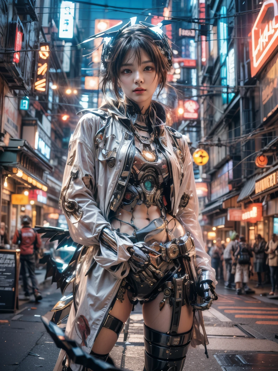 (top-quality:1.2, masterpiece)、ultra high resolution、extremely ultra surrealism, (Photorealsitic:1.4)、Raw photo、(Steampunk Battle Cyborg fallen angel)、(large mechanical bat wings)、black porcelain body、red hair、glowy skin、1 Cyborg girl、(mechanical frame:1.3)japanese, extremely cute face, ((super realistic details))、portrait、globalillumination、Shadow、octan render、8K、ultrasharp、character edge light、Details of complex ornaments、Acrylic Clear Cover、Sumerian details、Hydraulic cylinder、Small LED lamp、highly intricate detail、Realistic light、a purple eye、radiant eyes、Facing the camera、neon details、cowboy shot、Futuristic headgear、About Cyberpunk
