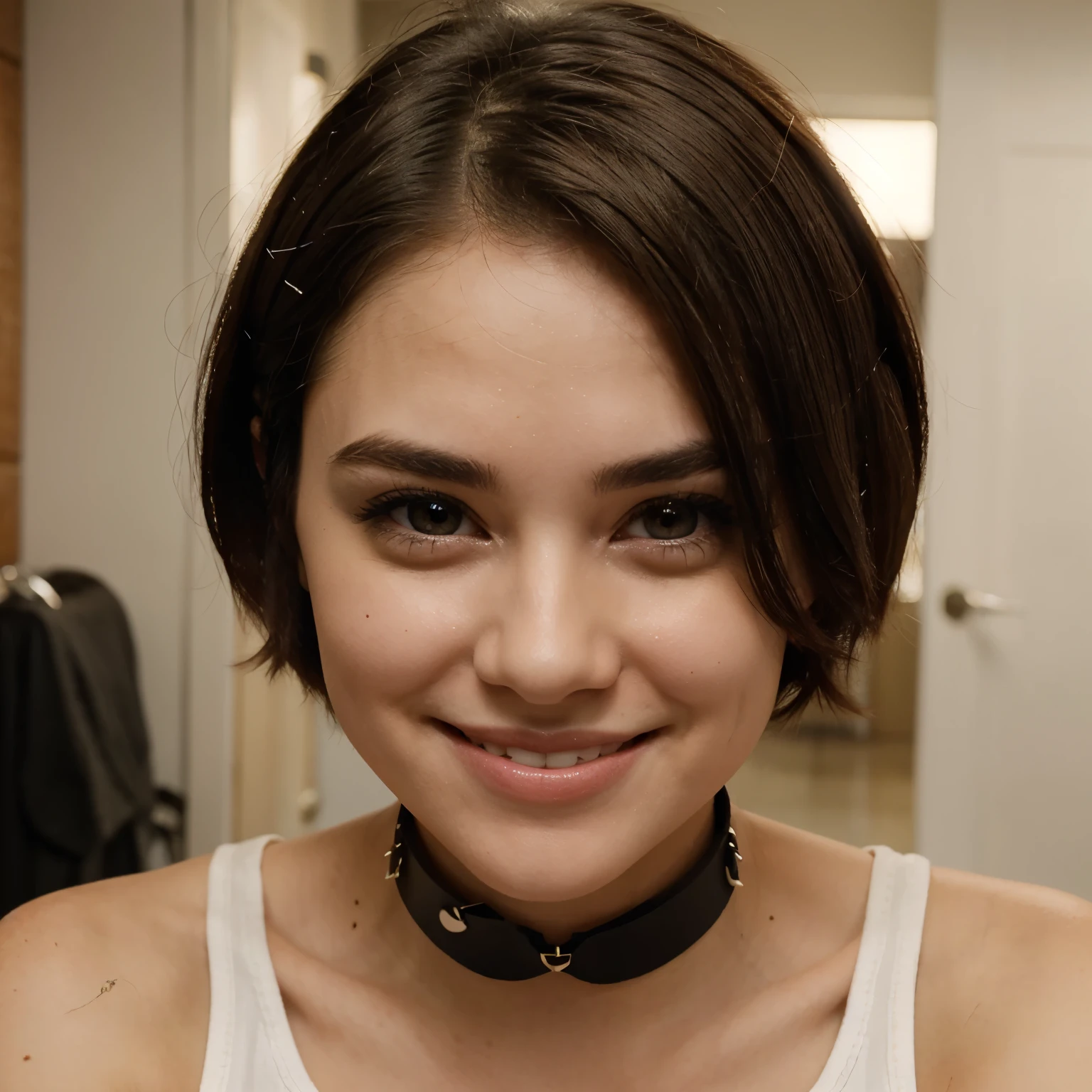 short hair,doe eyes cute smiles ,have one dimples,two hair clip,wearing collar,cute