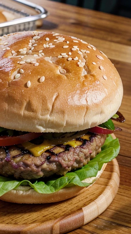 a hamburger on the wooden table, very detailed, close-up, full of details