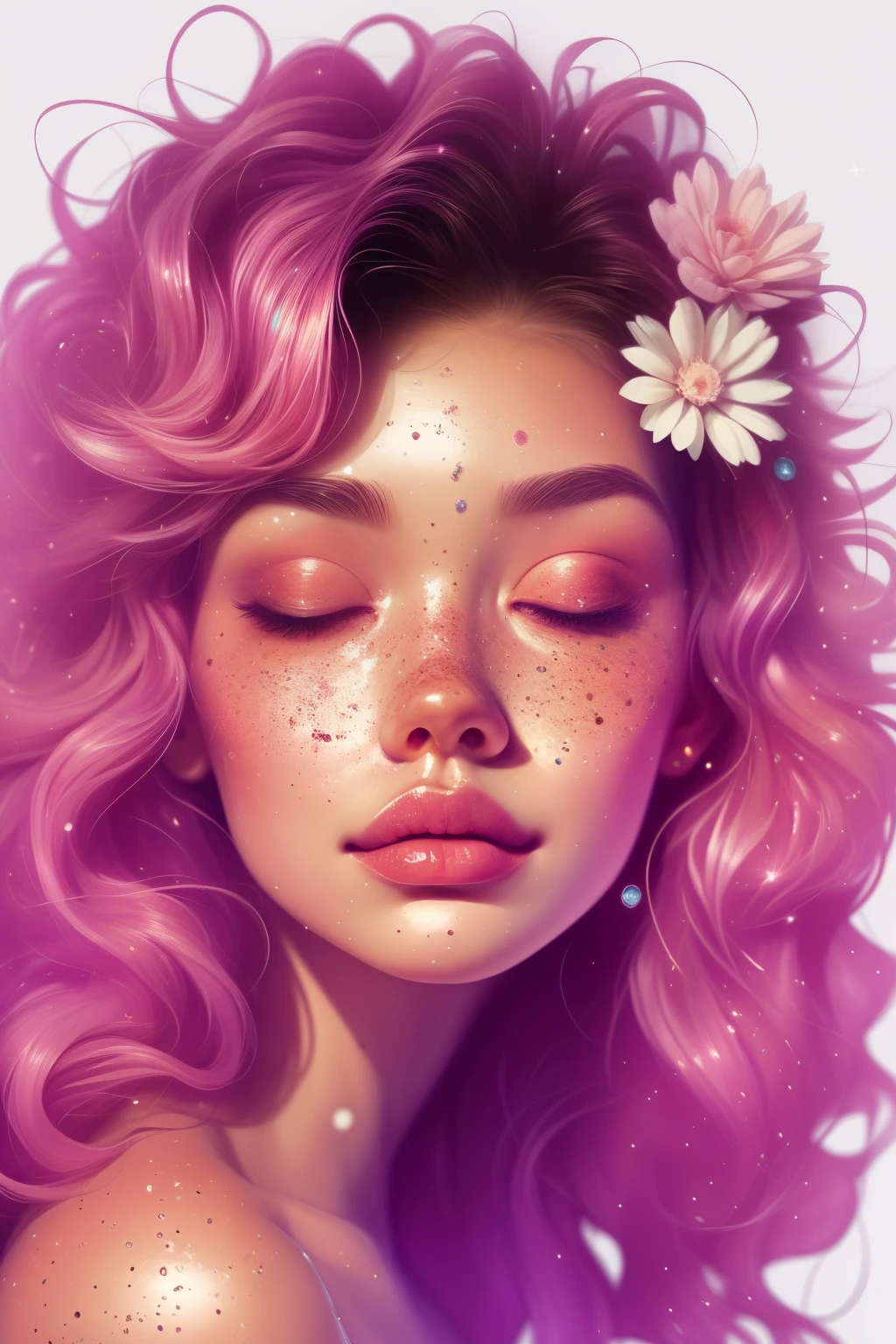 (This is a beautiful rainbow fantasy image that feels interesting and emphasizes glitter and iridescence.) Generate a ((blind)) curvy woman with colorful curly hair and milky white eyes. Her face is important and is perfectly formed with puffy lips and perfect features. (Her eyes are critically important and are (blank) and (solid white)). The image exudes ethereal beauty and soft fantasy. Include sweet and detailed birds and soft, luminous flowers in all the colors of the rainbow. The image's background is decorated in shades of pink, shimmer, glitter, and fantasy details like colored bubbles and cosmos. Utilize dynamic composition to create a compelling and action-packed image. Dramatic lighting and cinematic lighting enhance the woman's beauty and the soft colors in the artwork. (((((Perspective: head on.))))) Include fantasy, cute, colorful, colourful, interesting magic background, ((((blank eyes)))), ((((empty white eyes)))), (shirome eyes:1.3), (smirking), (perfectly rendered solid whiteeyes), ((birthmark on lip)), ((pretty lips)), beautiful background, complex background, sweet background, (((rainbow))), subtle freckles, natural freckles