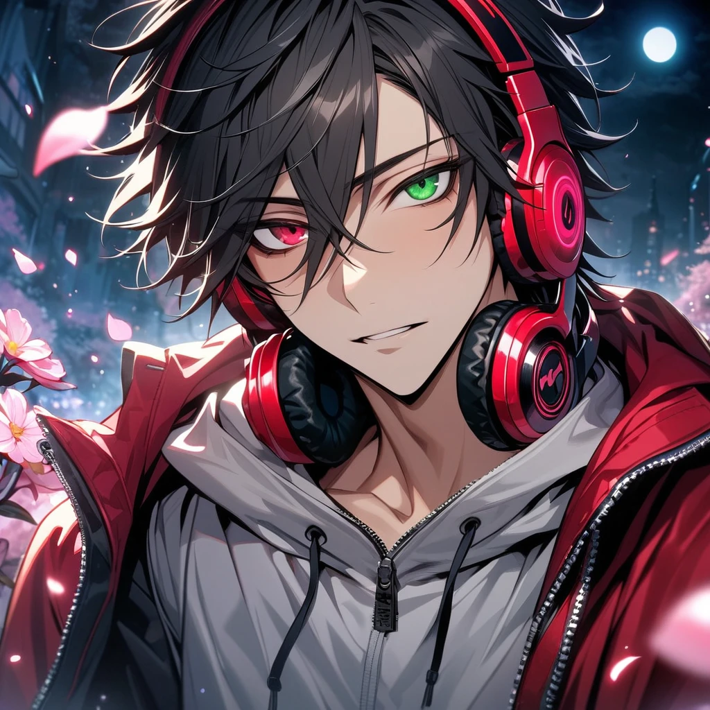 absurdres, highres, ultra detailed, HDR, master piece, best quality, extremely detailed face and eyes, Yamada Ichiro, chin length black hair, Hypnosis Mic, heterochromia, right eye is red, left eye is green, a white hoodie with two zippers, red varsity jacket, red headphones around his neck, solo, sexy man, toned chest, handsome, moon, pink fireflies, pink flowers, pink petals, ice