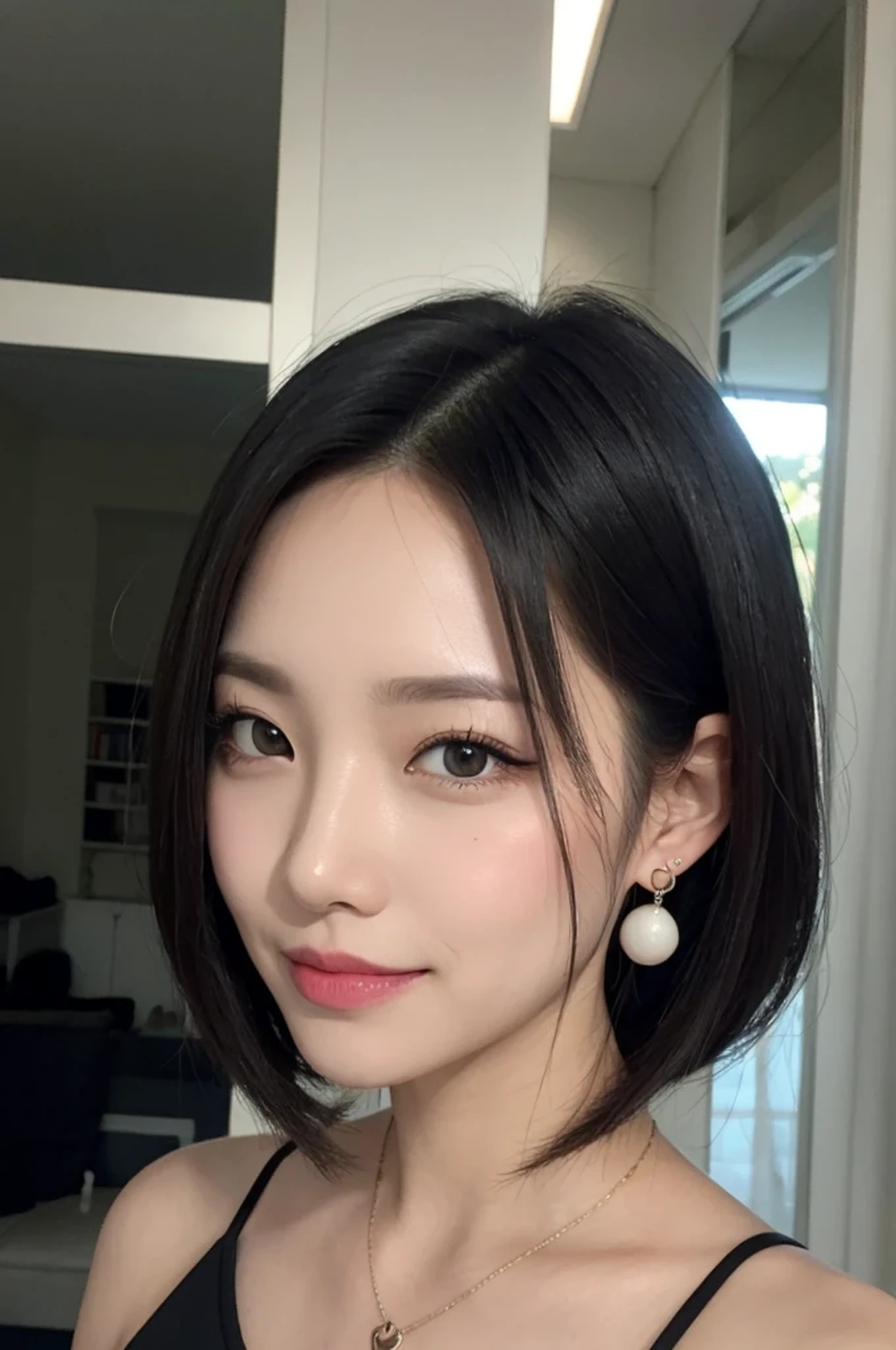 black hair, hair bobbles, longeyelashes, solid circle eyes, light smile, mole under eye, heart earrings, light smile, shy, puckered lips, Surrealism, drop shadow, stereogram, pov, atmospheric perspective, depth of field, first-person view, f/1.8, 8k, super detail, ccurate, best quality, highres, best quality,full body