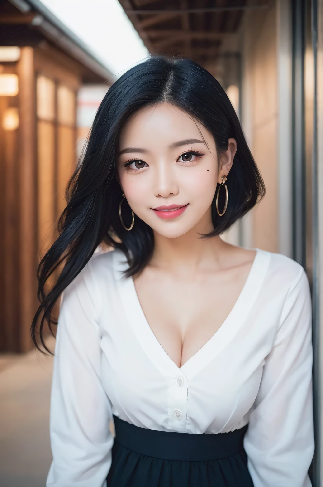 black hair, hair bobbles, longeyelashes, solid circle eyes, light smile, mole under eye, heart earrings, light smile, shy, puckered lips, Surrealism, drop shadow, stereogram, pov, atmospheric perspective, depth of field, first-person view, f/1.8, 8k, super detail, ccurate, best quality, highres, best quality,full body