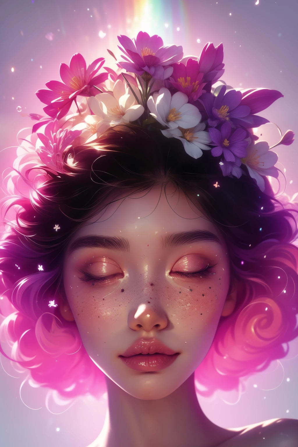 (This is a beautiful rainbow fantasy image that feels interesting and emphasizes glitter and iridescence.) Generate a ((blind)) curvy woman with colorful curly hair and milky white eyes. Her face is important and is perfectly formed with puffy lips and perfect features. (Her eyes are critically important and are (blank) and (solid white)). The image exudes ethereal beauty and soft fantasy. Include sweet and detailed birds and soft, luminous flowers in all the colors of the rainbow. The image's background is decorated in shades of pink, shimmer, glitter, and fantasy details like colored bubbles and cosmos. Utilize dynamic composition to create a compelling and action-packed image. Dramatic lighting and cinematic lighting enhance the woman's beauty and the soft colors in the artwork. (((((Perspective: head on.))))) Include fantasy, cute, colorful, colourful, interesting magic background, ((((blank eyes)))), ((((empty white eyes)))), (shirome eyes:1.3), (smirking), (perfectly rendered solid whiteeyes), ((birthmark on lip)), ((pretty lips)), beautiful background, complex background, sweet background, (((rainbow))), subtle freckles, natural freckles