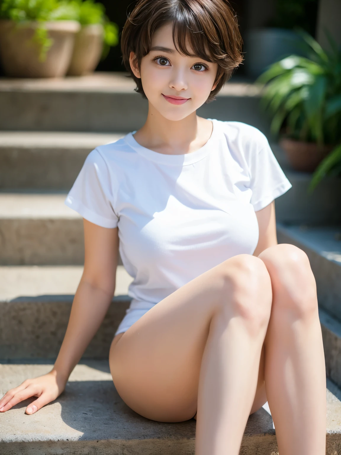 Best-quality, Masterpiece, Ultra-High-Resolution, (Photorealistic:1.4), Raw Photo, depth of field, professional lighting, perfect anatomy, extremely details, 1girl, the most famous Japanese idol, ((sitting on stairs, spread thighs widely, showing white panties)), wearing white T-shirt and denim miniskirt, ((extremely cute face, (((extremely cute and extremely big eyes))), extremely beautiful short-cut-haired, extremely beautiful skins)), realistic skin texture, (extremely cute long-eyelashes, extremely cute lips), childish body, extremely beautiful thighs, looking at viewer, innocent-smile