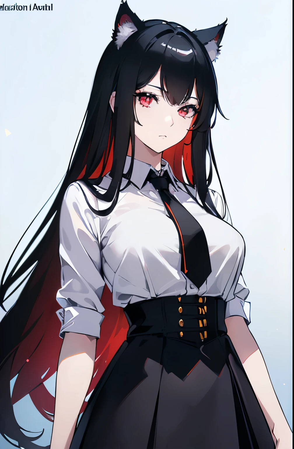 (Cat girl), (smoking), cat ears, black hair, business casual attire, cool, red dress shirt, pretty red eyes, cat tail, ((Crimson Red Eyes eyes: 1.3, Upturned Eyes: 1, Perfect Eyes, Beautiful Detailed Eyes, Gradient eyes: 1, Finely Detailed Beautiful Eyes: 1, Symmetrical Eyes: 1, Big Highlight On Eyes: 1.2)), (((Lustrous Skin: 1.5, Bright Skin: 1.5, Skin Fair, Shiny Skin, Very Shiny Skin, Shiny Body, Plastic Glitter Skin, Exaggerated Shiny Skin, Illuminated Skin))), (Detailed Body, (Detailed Face)), (((Skirt))), High Resolution, Sharp Focus, Ultra Detailed, Extremely Detailed, Extremely High Quality Artwork, (Realistic, Photorealistic: 1.37), 8k_Wallpaper, (Extremely Detailed CG 8k), (Very Fine 8K CG), ((Hyper Super Ultra Detailed Perfect Piece)), (((Flawless masterpiece))), Illustration, Vibrant Colors, (Intricate), High Contrast, Selective Lighting, Double Exposure, HDR (High Dynamic Range), Post-processing, Background Blur, (Sexy pose), (Mature woman), big sis