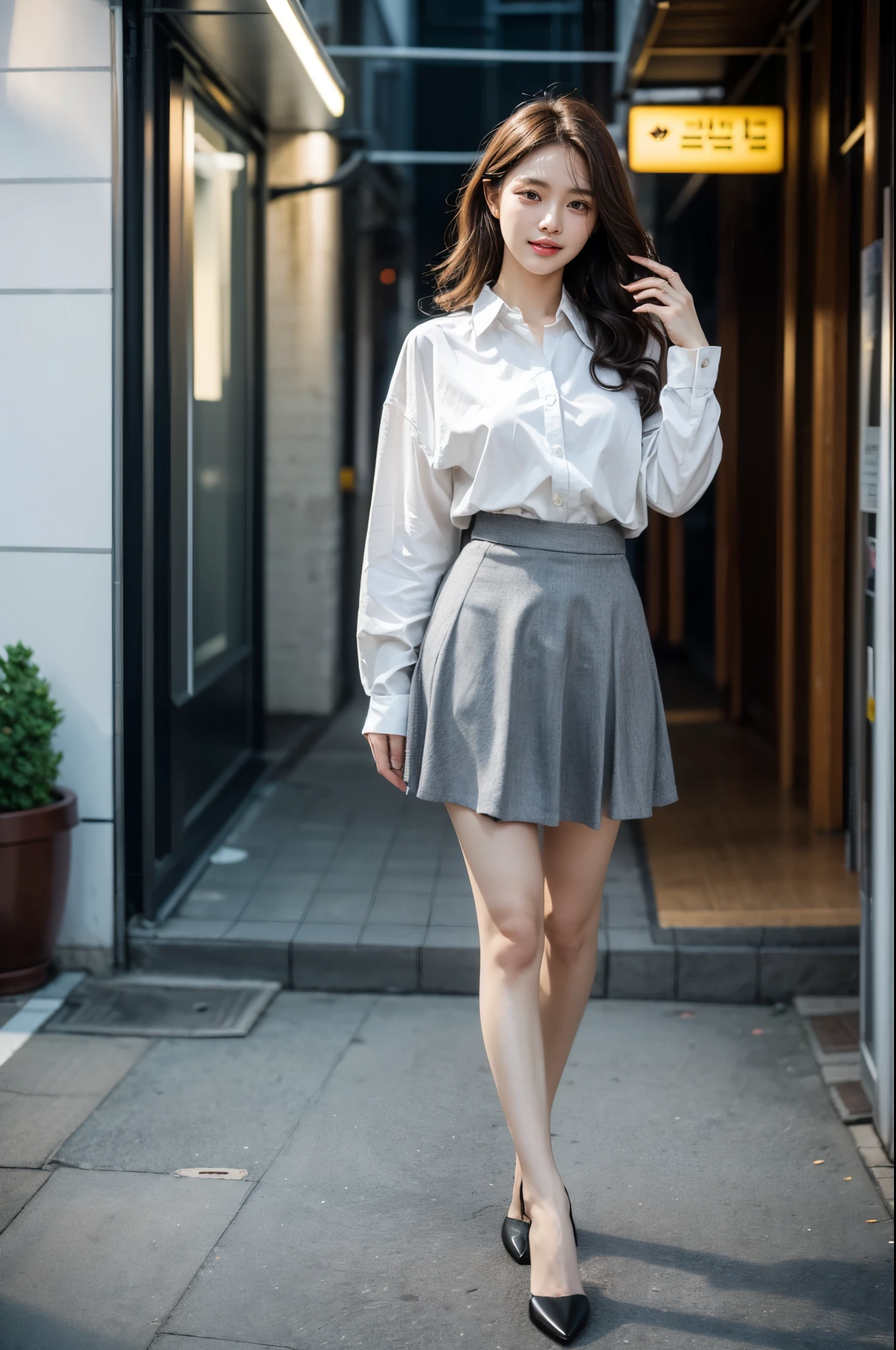 full body shot, standing posture, masterpiece, best quality, Original photo, absurd, UHD, 1 woman, wavy hair, Long grey brunette, Perfect fingers and slender legs, perfcect big smile, yak,look up at the viewer, (((Seoul Street))), intricate details:1.3 , 자세한 background:1.3, detailed skin, pore, high resolution, HDR, 아름다운 Model, soft light on the face, BAPV_Model, middle , split, ((white shirt_Black Narrow Skirt)), Black high heels, black pantyhose:1.3, hazy_light_background,