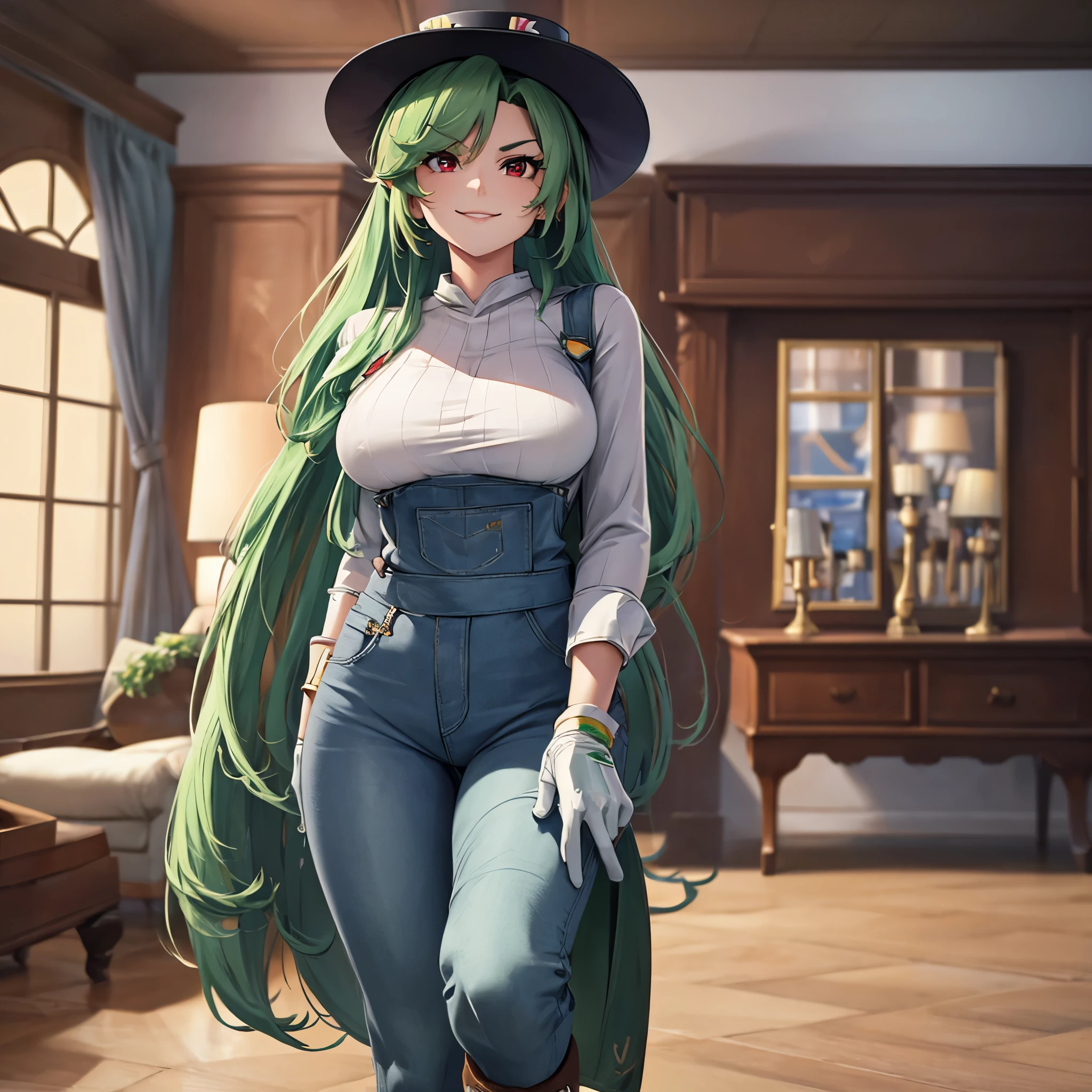 A woman wearing a green long-sleeved shirt, wearing denim overalls (long jeans), military green Luigi hat, with letter L on the hat, (from Mario World), long green hair, red eyes, brown boots, white gloves, body whole, smiling, walking in a custom video room pixel game, bokeh effect, stereogram, tachi-e, pov, atmospheric perspective, high detail, luminism, hyperrealism, brightness, 8k, super detail, accurate, best quality, high resolution, award-winning, anatomically correct
