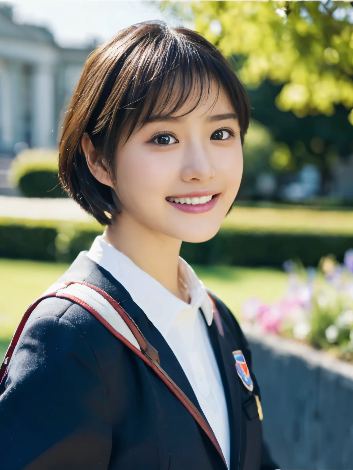 (highest quality,8K quality,masterpiece:1.3),(Ultra-high resolution,Photorealistic:1.4,RAW Photos),(Very detailed,Caustics,Detailed Background),(Ultra-Realistic Capture,Beautiful and detailed skin,Perfect Anatomy),School building,Schoolyard,18-year-old,cute,single eyelid,Black bob cut,((Hair tucked behind ear)),School blazer uniform,Looking at the camera,Laughter,Bust up shot,Natural soft light