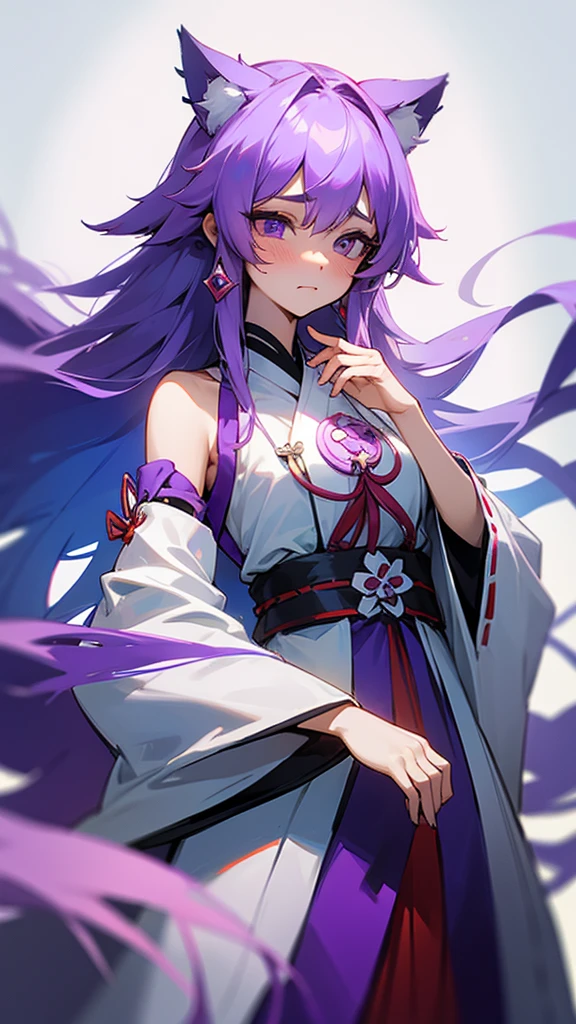 highest quality Neutral face woman I have long hair kind Odd Eye one person White and purple hair Miko costume beautiful girl Cat ear Embarrassed
