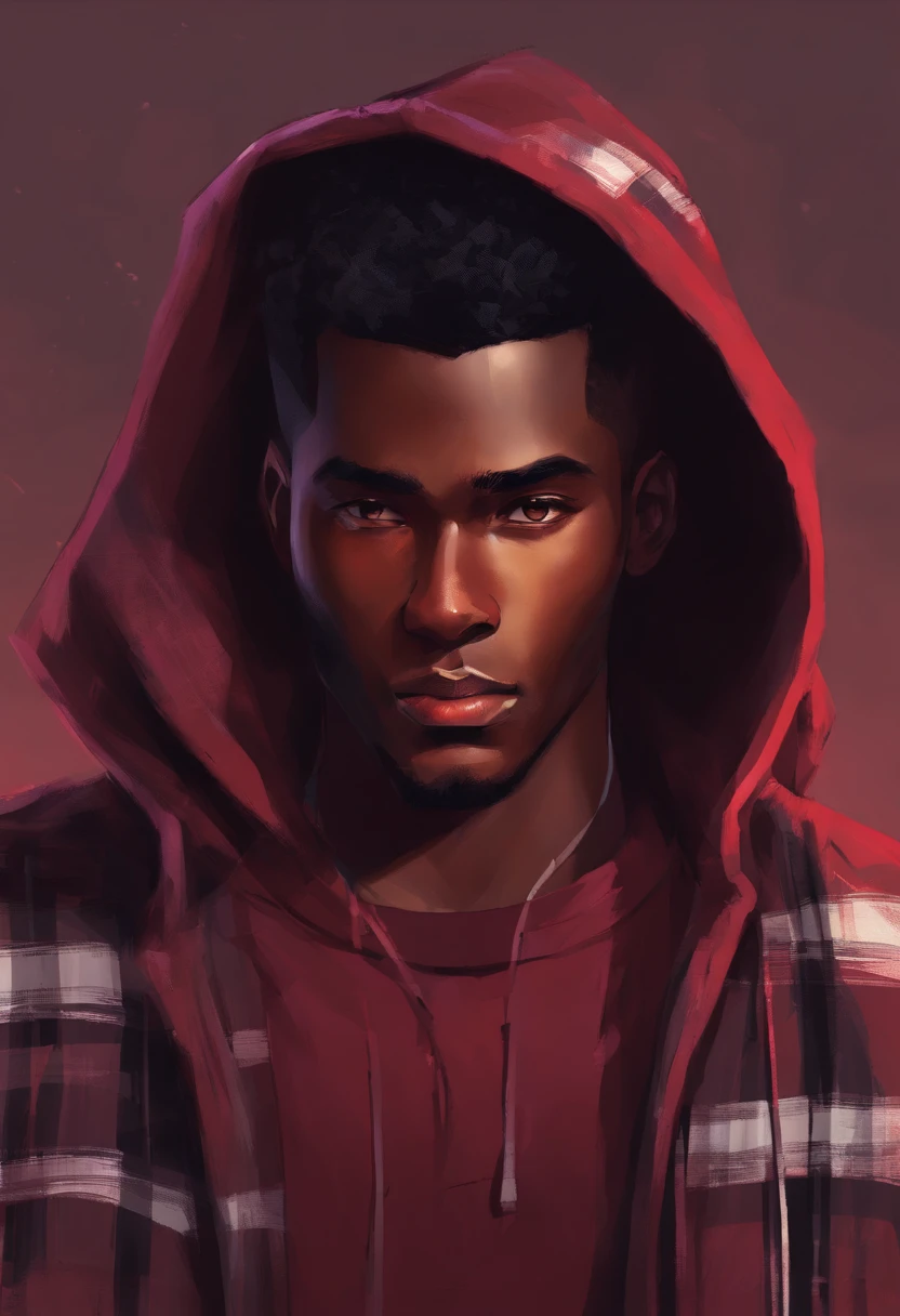 8K, Best Quality, 1boy, dark skin male wearing an maroon shirt, flannel hoodie(light red, brown, white), hazel eyes, black hair, sming, young adult male,