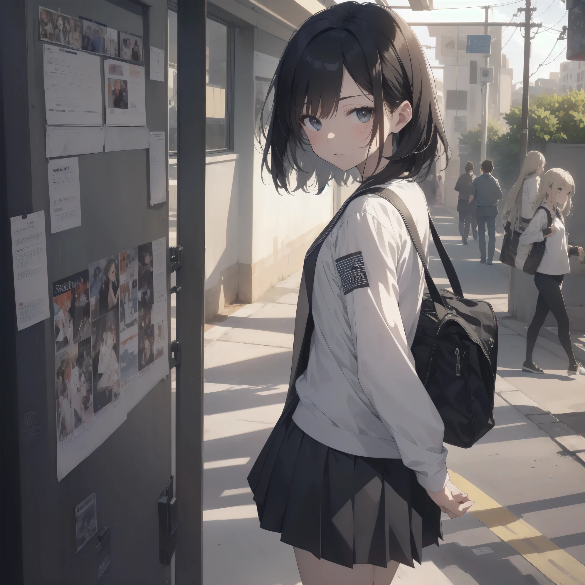 ultra-absurdres-Top quality by artist God, ultra-detailed, high resolution, anime moe artstyle, best anime 8k konachan wallpaper, pixiv contest winner, pool:2810, perfect anatomy,break, 1girl, (Please draw a girl walking sleepily to school alone. )break,(Solo,little female, 13-year-old:1.3),Full limbs, complete fingers,a junior high school student, (very short hair), short cut, flat chest, , small butt, small black eyes, beautiful detailed eyes, well-proportioned iris and pupils, expressive eyes, highres detailed hair, soft expression, salor school_uniform, sailor collar, serahuku, bow, pleated skirt,(Detailed Lighting), (Detailed background), in the School commute route. break,super detailed skin, Best cinematic lighting powered by famous artist, 8k,beauty illustration,photoshop_(medium),very aesthetic,break,((artist:iesupa )), artist:clamp ,artist:carnelian ,artist:kantoku ,