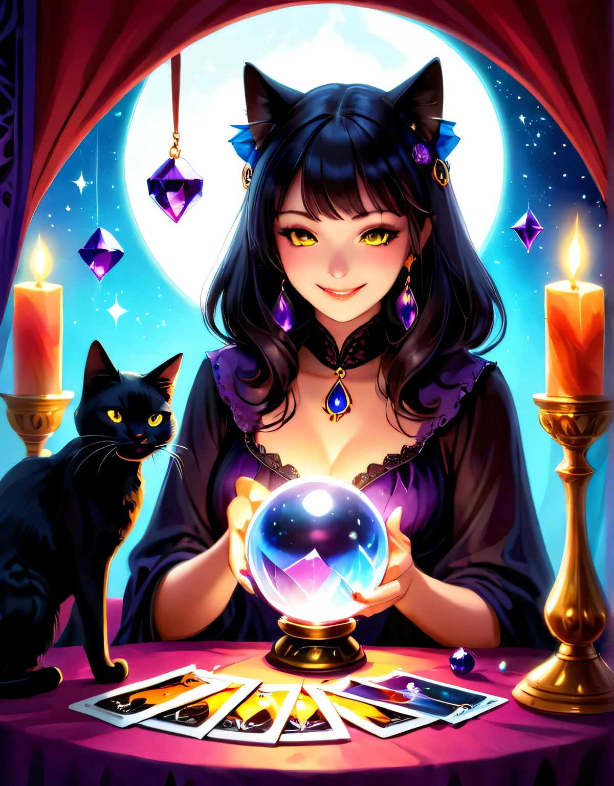 Image Type:Illustration: A mysterious beautiful fortune teller reading tarot cards with a black cat, Using flickering candles and a mysterious crystal ball, A peek into the future with a mischievous smile.