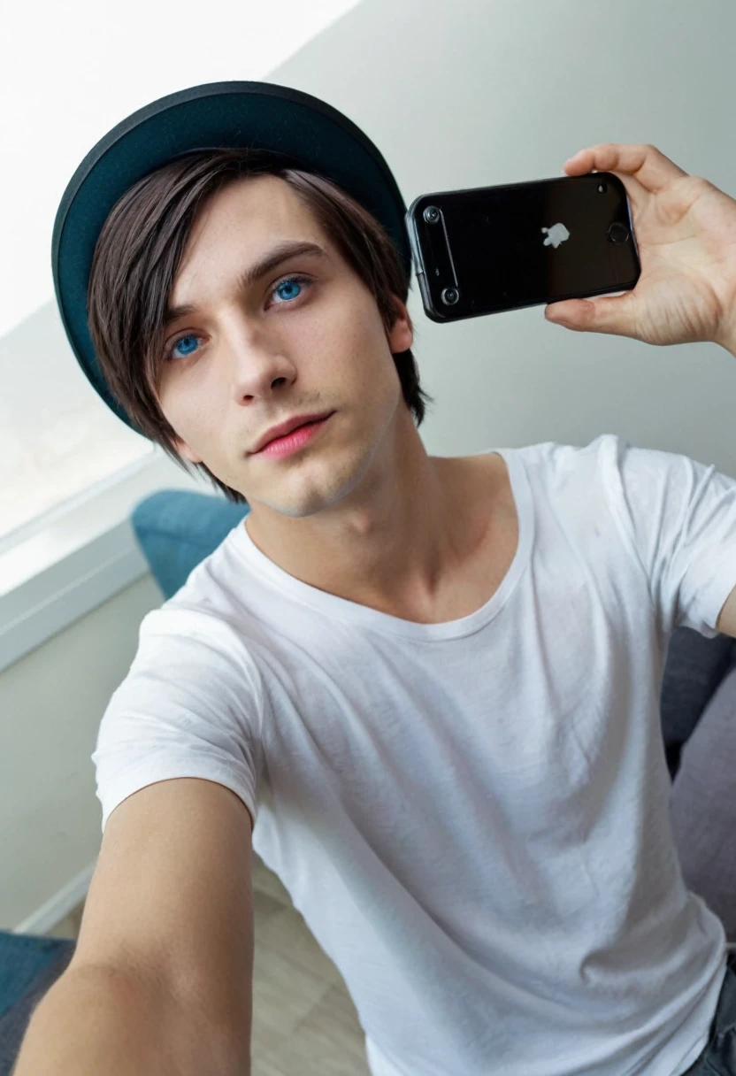 Polish emo boy short dark brown hair, blue-gray eyes, very white complexion, similar to the character Dominik Santorski from the movie Suicide Room, dressed as an emo from 2000, Height 1.91cm, very thin, very handsome , Do it in Mexico by taking a selfie with a Mexican hat