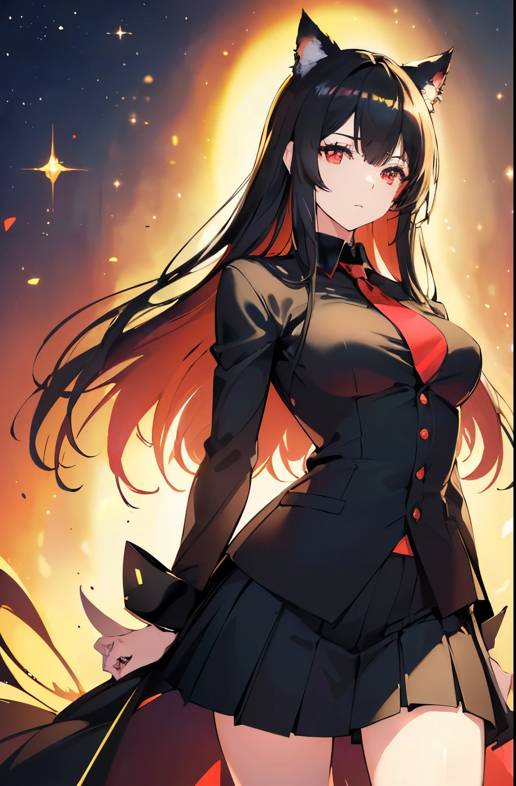 (Cat girl), (smoking), cat ears, black hair, business casual attire, cool, red dress shirt, pretty red eyes, cat tail, ((Crimson Red Eyes eyes: 1.3, Upturned Eyes: 1, Perfect Eyes, Beautiful Detailed Eyes, Gradient eyes: 1, Finely Detailed Beautiful Eyes: 1, Symmetrical Eyes: 1, Big Highlight On Eyes: 1.2)), (((Lustrous Skin: 1.5, Bright Skin: 1.5, Skin Fair, Shiny Skin, Very Shiny Skin, Shiny Body, Plastic Glitter Skin, Exaggerated Shiny Skin, Illuminated Skin))), (Detailed Body, (Detailed Face)), (((Skirt))), High Resolution, Sharp Focus, Ultra Detailed, Extremely Detailed, Extremely High Quality Artwork, (Realistic, Photorealistic: 1.37), 8k_Wallpaper, (Extremely Detailed CG 8k), (Very Fine 8K CG), ((Hyper Super Ultra Detailed Perfect Piece)), (((Flawless masterpiece))), Illustration, Vibrant Colors, (Intricate), High Contrast, Selective Lighting, Double Exposure, HDR (High Dynamic Range), Post-processing, Background Blur, (Sexy pose), (Mature woman), big sis