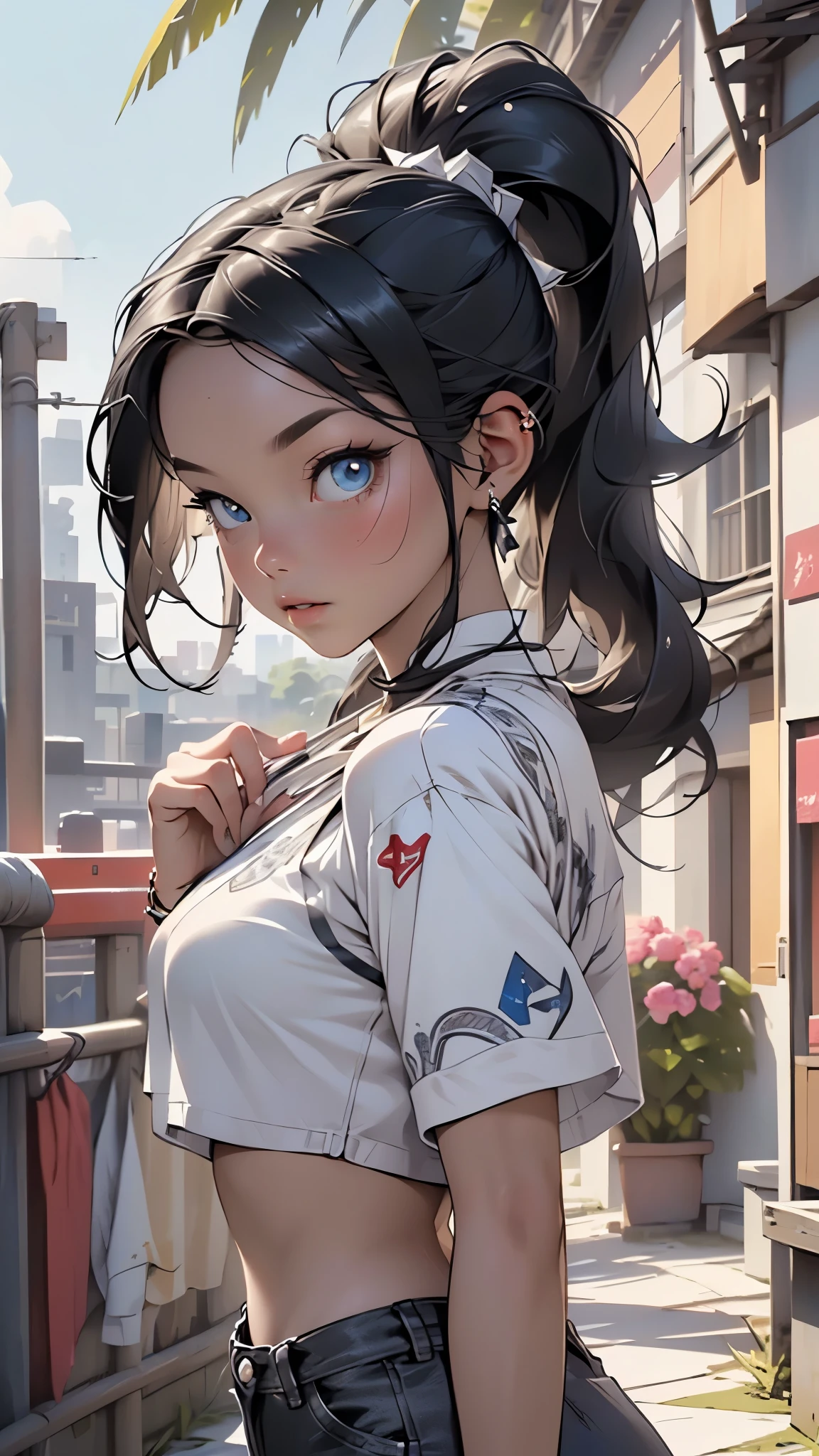 ((male:1.5)),is male,(male gender),(Beautiful man:1)),((Dark skin:1.5)),
(((male chest))),((((black hair:1.35,long hair,voluminous hair,has a center part in hair:1,straight hair:1.3,ponytail:1.2)))),(((blue_Eyes:1.3))),beautiful detailed Eyes,symmetrical Eyes,big Eyes:1.5,(((lustrous skin:1.5,bright skin: 1.5,skin tanned,shiny skin,very shiny skin,Shiny body,plastic glitter skin,exaggerated shiny skin,illuminated skin))),(Detailed body,(Detailed face)),((flat chested, flat stomach)),full lips, ((Skinny build)) ,effeminate, full long eyelashes,Bishounen, possess delicate and androgynous features, age 18,
Cute,sluttish,Erotic,((NSFW)),
He wears a fitted, white, and sleeveless shirt , The shirt features a V-neckline and intricate beadwork, sequins, and rhinestones, slim-fitting, high-waisted pants in a matching holographic white material, The pants are accentuated with subtle, blue and silver accents, including large bows ,((a white string is tied in his hair:1)) , wristbands, ((crop top:1.3)),
(Dynamic Pose:1.0),embarrassed,(Centered,scale to fit the dimensions,thirds rule),
huge tower on the island,architecture,blue sky,building,day,fantasy,island,huge tower on the island,building,architecture,landscape,sea,beautiful day,rock,sky,tower,tree,waterfall,scenery:1.25,((intricate scenery)),
(Glossy glowing ornaments),highres,sharp focus,(ultra detailed,extremely detailed),(photorealistic artwork:1.37),(extremely detailed CG unity 8k wallpaper),(((vibrant colors,vibrant theme))),(intricate),(masterpiece),(best quality),artistic photography,(photography taken by sldr),(intricate background),perfect rendered face,perfect face details,realistic face,photo realistic,((intricate detail)),(((realism))),