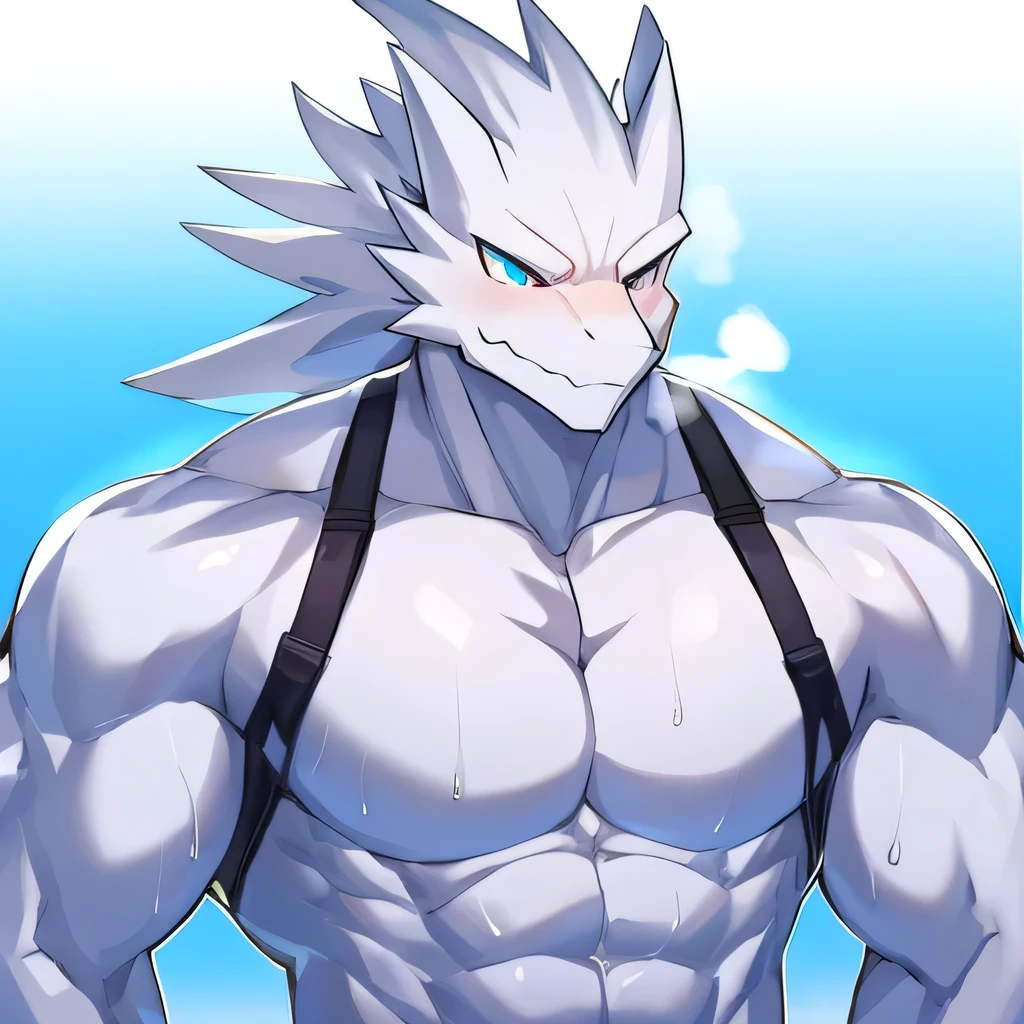 Thin macho white dragon abs Hollow abs thick arms chest rig 、sweaty skin glow profile Wearily short of breath clenching one's back teeth Knees on the floor rubber suit