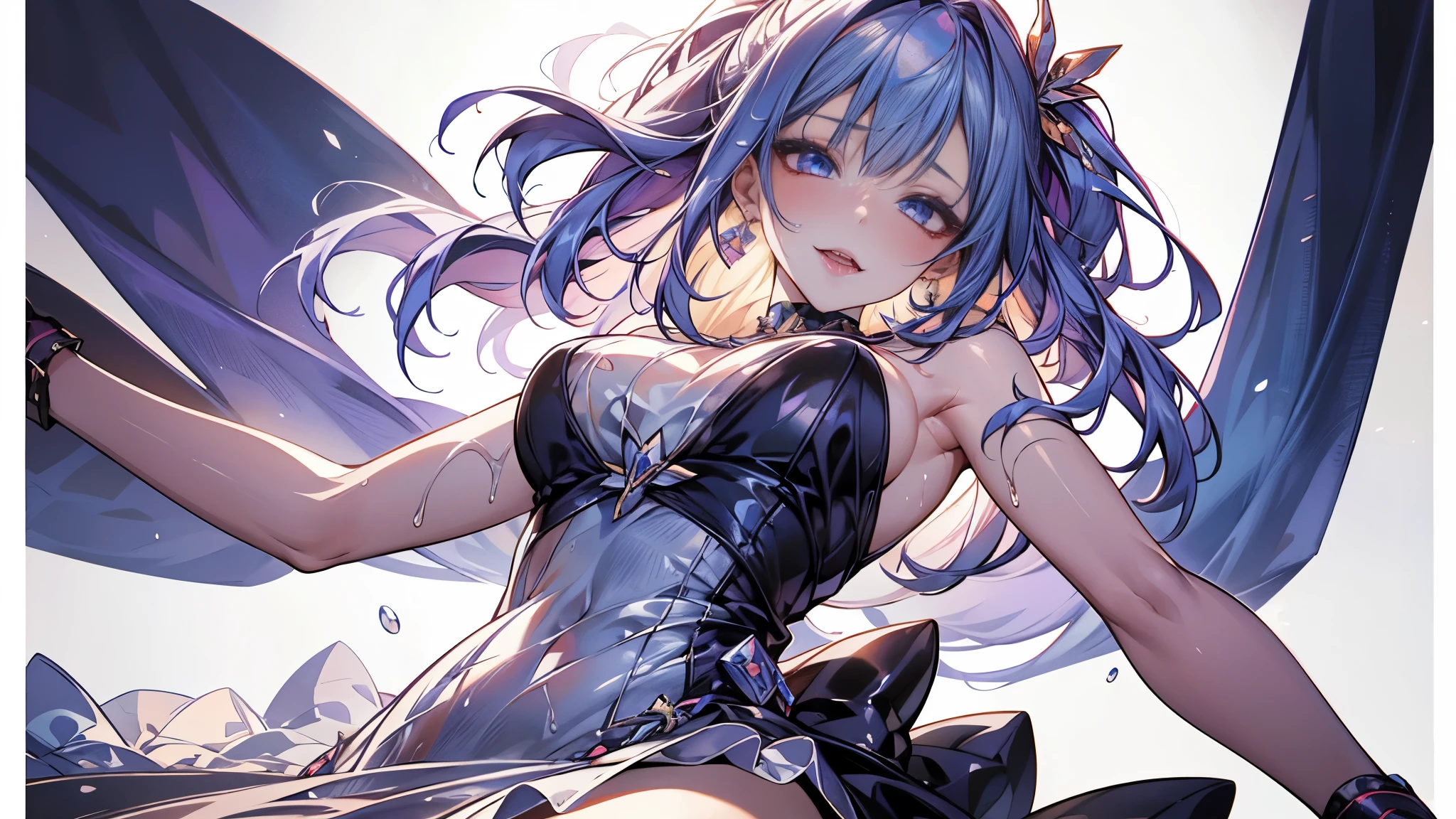 ((Best Quality, 8K, masutepiece:1.3, 1 girl, Beautiful Girl)), Cute, Dynamism, Detailed face, Detailed skin, Detailed eyes, Detailed lips, Detailed fingers, Detailed mouth, detailed tooth, Detailed tongue, Round eyes, Tear bag, Photorealistic, Raw photo, Natural light, Perfect Anatomy, hight resolution, Colorful liquid on body:1.2, Colorful body, Colorful background, twin colored hair, thighs, armpits, sfw, ecstatic face, (masturbation), half closed eyes, ((see-through dress)), ahegao, looking at viewer, drooling, wet body, cowboy shot, shape of nipple, spreading legs, pov, breasts, cum on breasts, nsfw