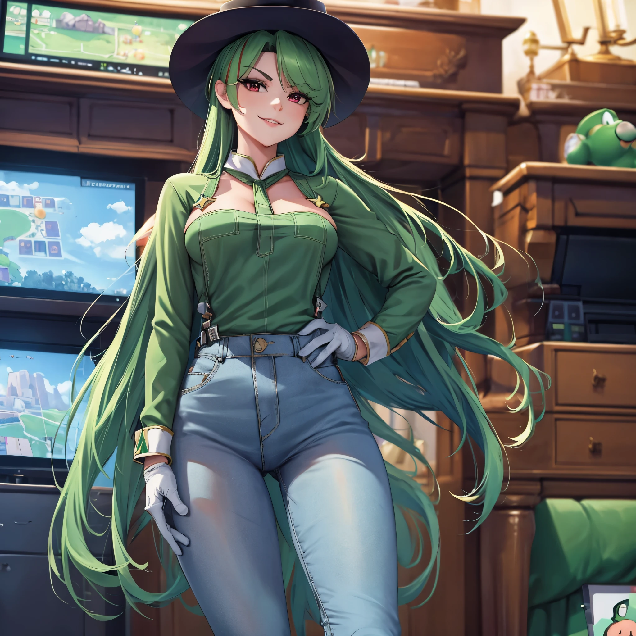 A woman wearing a green long-sleeved shirt, wearing denim overalls (long jeans), military green Luigi hat, with letter L on the hat, (from Mario World), long green hair, red eyes, brown boots, white gloves, body whole, smiling, walking in a custom video room pixel game, bokeh effect, stereogram, tachi-e, pov, atmospheric perspective, high detail, luminism, hyperrealism, brightness, 8k, super detail, accurate, best quality, high resolution, award-winning, anatomically correct
