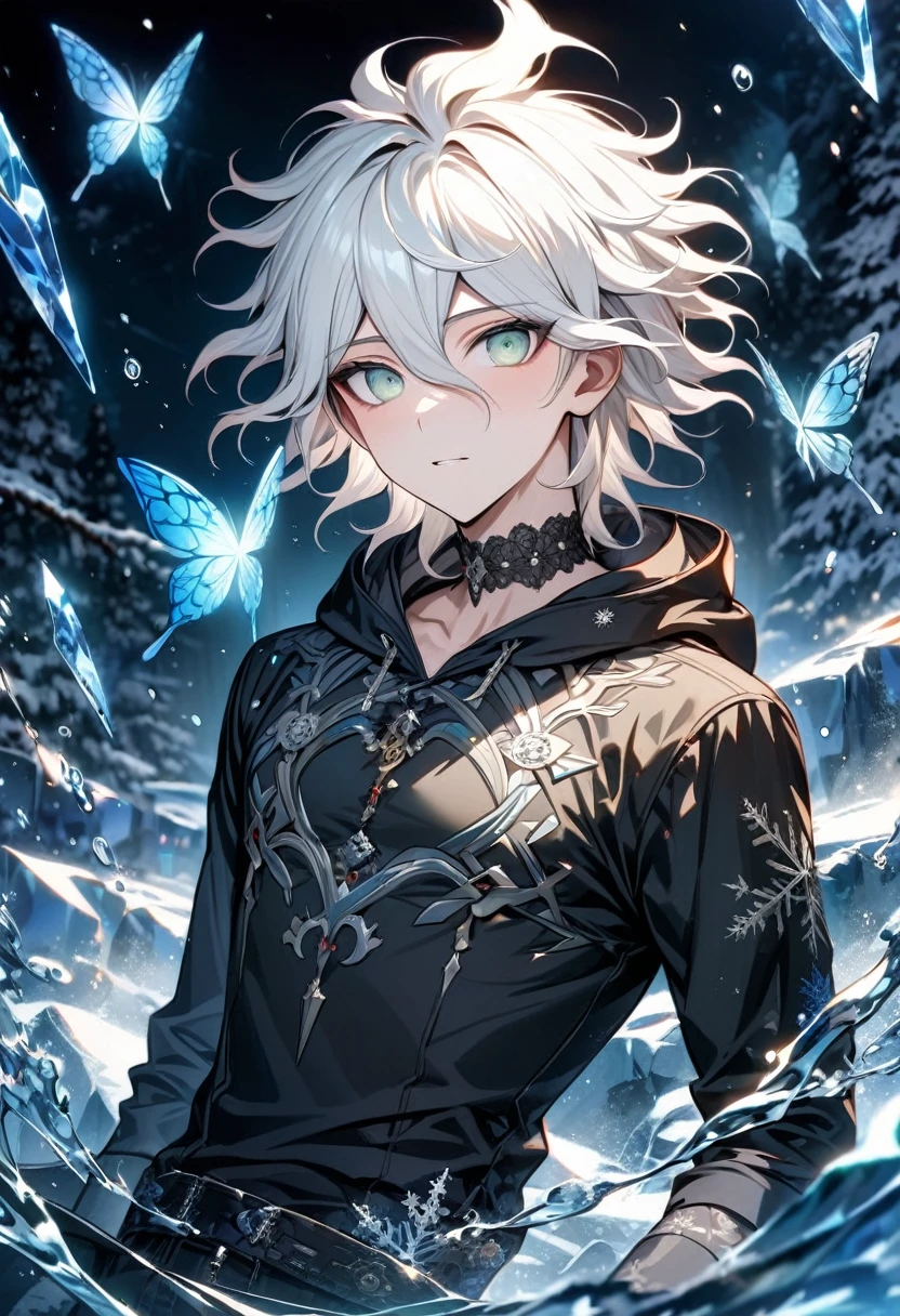 Ultra detailed, HDR, Highres, absurdres, master piece, Komaeda Nagito, white hair, expressive light grey-green eyes, black hoodie with patterns, Danganronpa, ice glittering butterflies, winter, ice, snowflakes, white flowers, sexy man, solo, extremely detailed face and eyes, handsome, glittering, water, toned chest, black tight T-shirt,