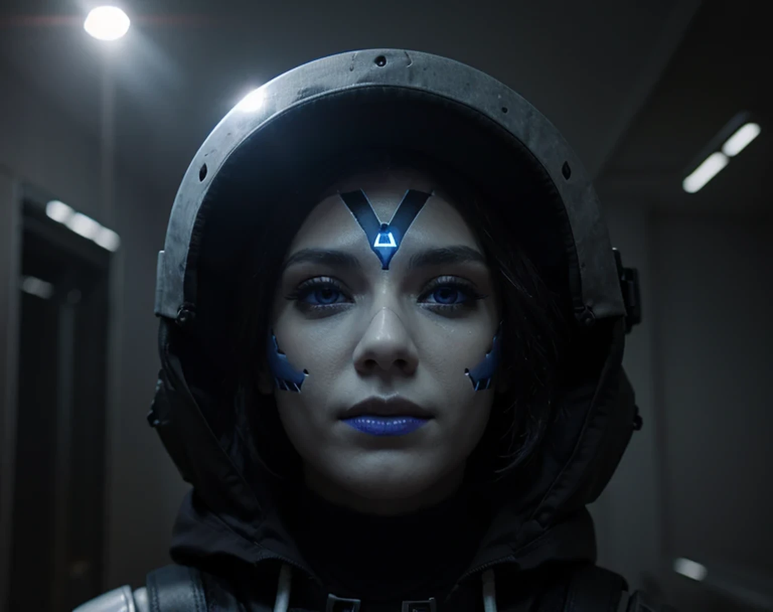 digital human skull blurred in cyberspace blue black eyes digital computing made of binary numbers, blue latex skin, binary numbers, 4k