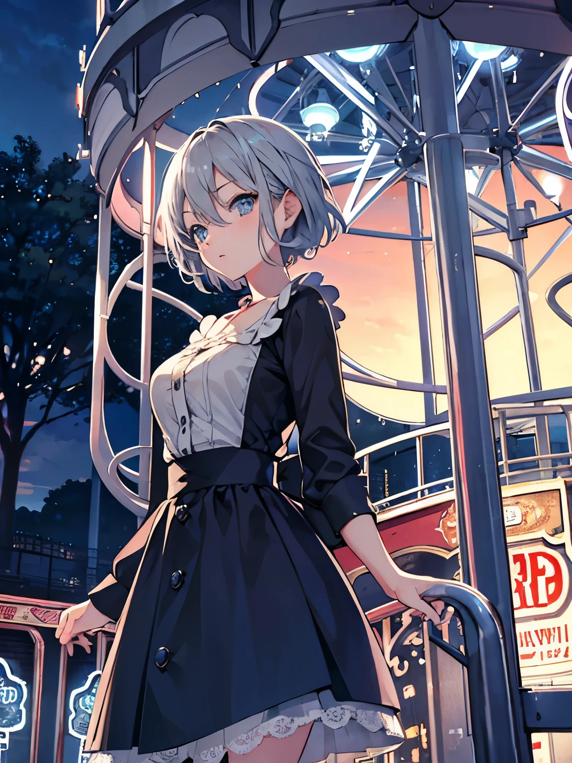 　blue eyes　Gray Hair　Showa Retro　Short Hair　White lace dress　Carousel　amusement park