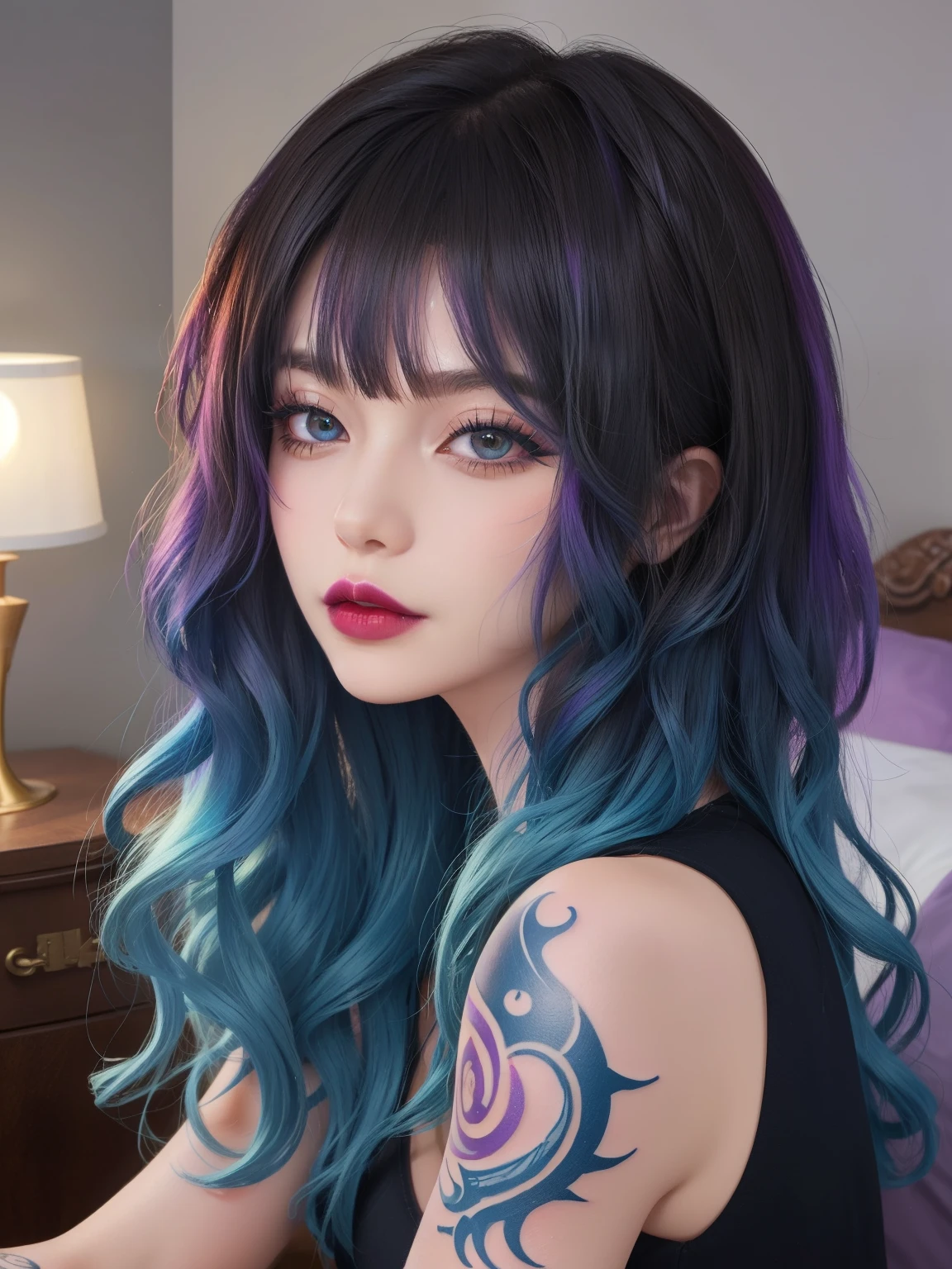 masterpiece, adult, emo themed room, woman with deep blue ombre hair, goth, purple lipsticks, tattoos, bangs, curly hair, eye shadow, smoky eyes, smokey eyes