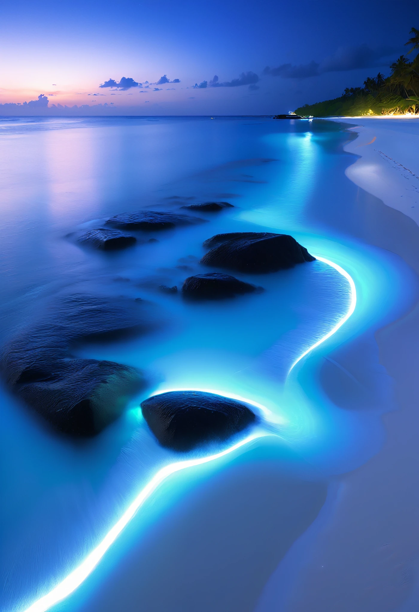 natta,There will be blue lights on the beach,surging in the waves、when the sea breeze blowluorescent beaches easily unfold magnificent sea views,Very mysterious and beautiful。glowing beach,Lights appear on the beach at night,Natural phenomena,Biofluorescence,Various microorganisms become light sources,Emits a steady shimmer,show light,Fluorescent beaches on Nduru Island, Maldives,