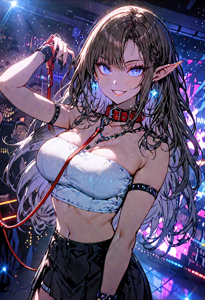 solo, female, sfw, medium shot, long hair, brown hair, blue highlights, blue eyes, starry eyes, long pointed eyes, large breasts, tube top, collar, leash, dance club, dark, strobe lights, sharp nails, smile, friendly, offering leash, elf