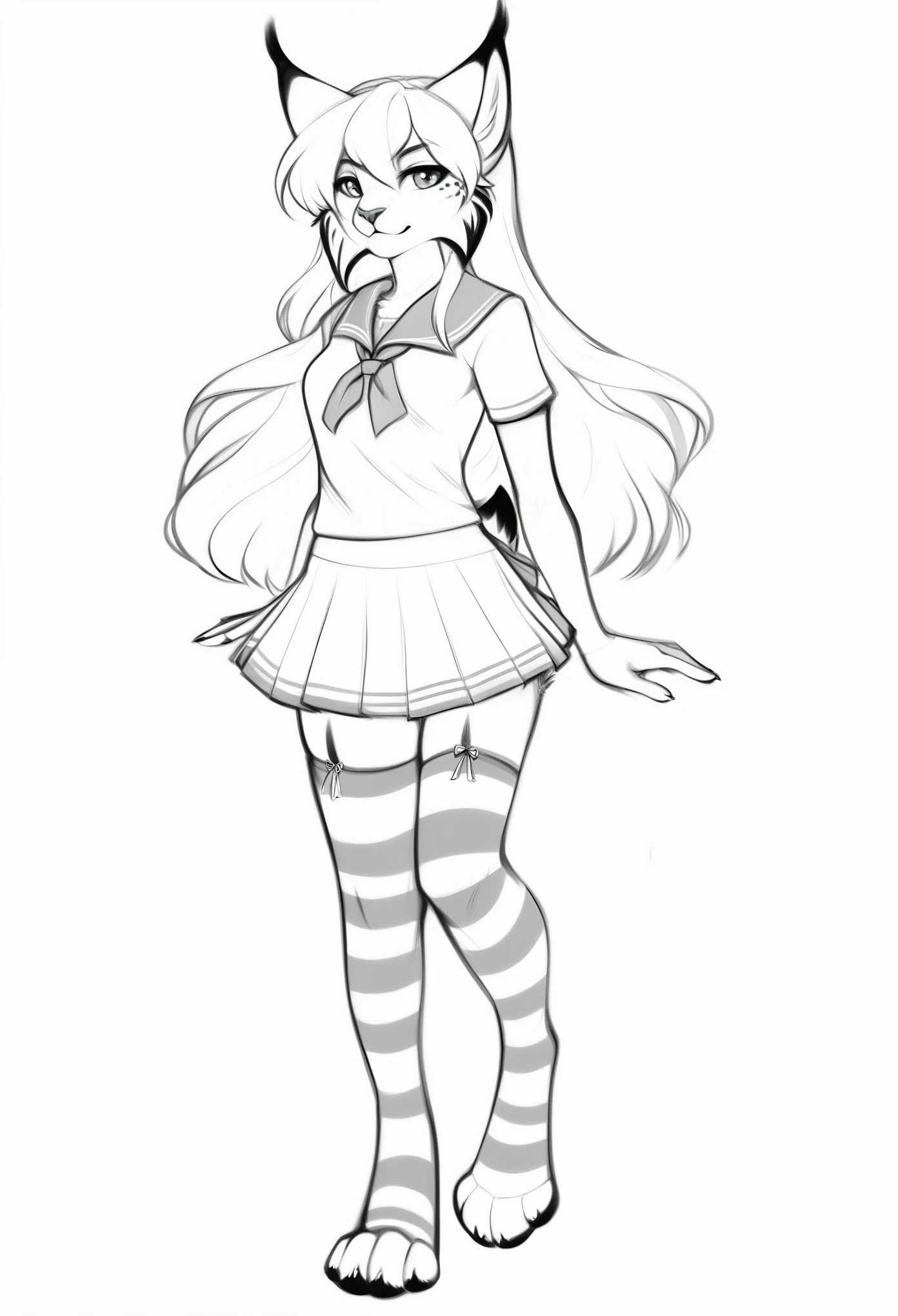 solo, (Character Reference sheet), medium breast, hips, Lineart, Sketch, lynx, long hair, solo, no colors, black and white only, simple background, full body, paw feet, school girl uniform, striped stockings