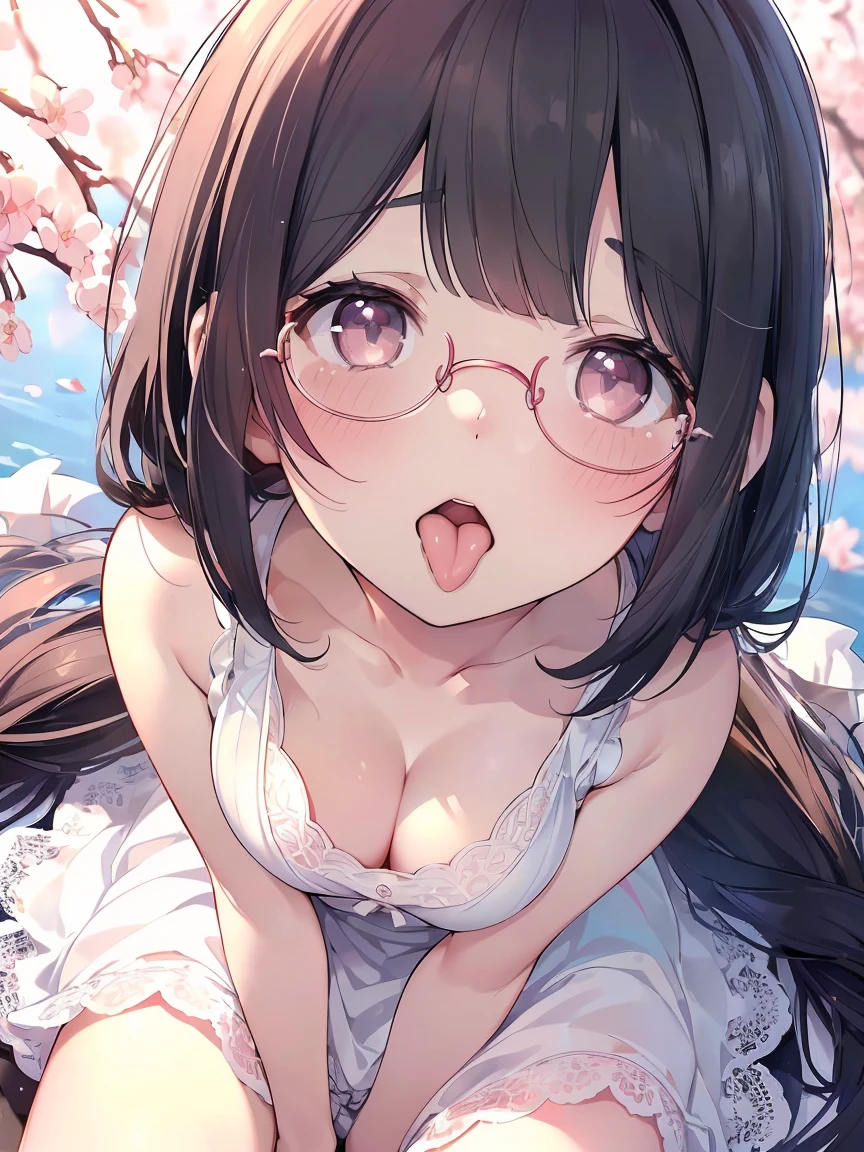 Very detailed, Highest quality, High resolution, Moe Anime, ((黒髪でDroopy eyesの可愛い女の子が前かがみになっている)), ((Wearing large round glasses:1.4)), (), Cute eyes, Detailed eye depiction, Eyes sparkling, View your audience, Pale skin, (Big eyes:1.4, Droopy eyes:1.4, Torogao:1.4), Focus on the face, In the park where cherry blossoms are falling, Sitting, (Extreme close up of tongue), (((From above:1.2))), (Please open your mouth wide:1.5), (((Face only:1.3))), ((See-through white micro bikini)), Bright Eyes, (Put your hands between your legs:1.4), large and long tongue, Cleavage, ribbon, ((Nipples are visible through the fabric)), (Braided hairstyle:1.4), ((Petite)), ((Young)), ((nsfw))
