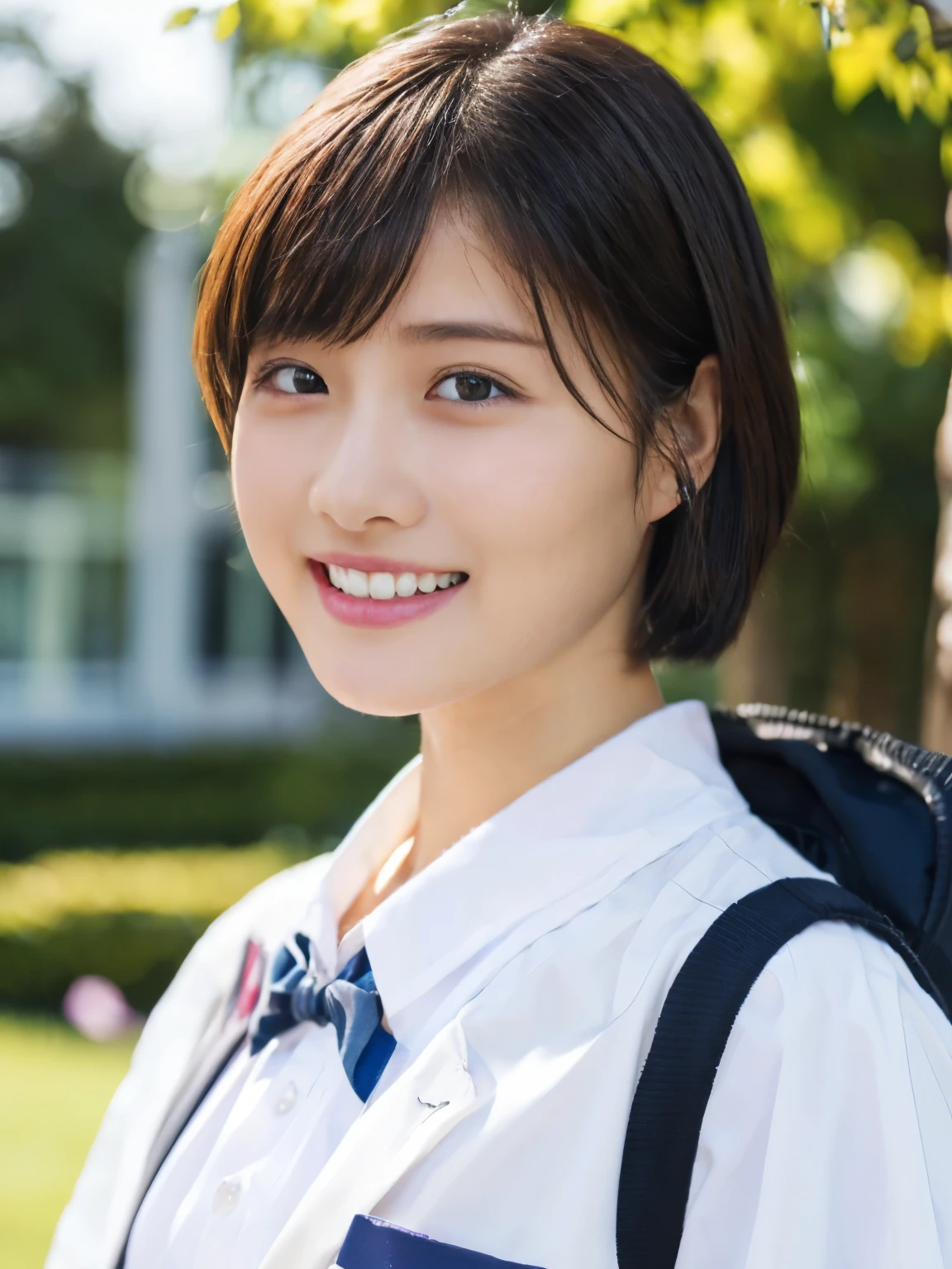 (highest quality,8K quality,masterpiece:1.3),(Ultra-high resolution,Photorealistic:1.4,RAW Photos),(Very detailed,Caustics,Detailed Background),(Ultra-Realistic Capture,Beautiful and detailed skin,Perfect Anatomy),School building,Schoolyard,18-year-old,cute,single eyelid,Black bob cut,((Hair tucked behind ear)),School blazer uniform,Looking at the camera,Laughter,Bust up shot,Natural soft light