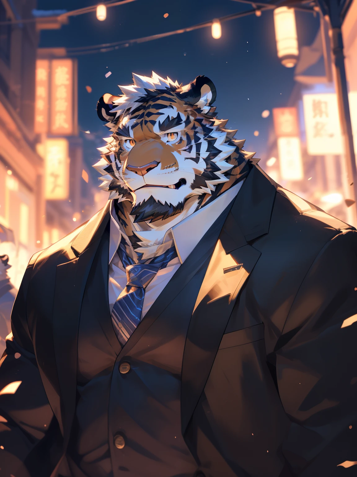 tiger，Tiger Orc，40 years old，（（Round Face, The face is plump,Orange eyes,Small black beard)), ((Endomorph, Handsome，Handsome)), (Modern shirt，Grey jacket，Blue tie), ((domestic tiger, tiger), (in the park), Bokeh, (high quality, high resolution, Masterpiece 1.2), (Dynamic Lighting, Vibrant colors), (慷慨的Smile), (Face focus), Front view (close up),sweat，Smile，blush，Look at the audience，（（（Detailed character description））），hairy，)，Bokeh，(high quality，high resolution)，(Static Lighting，Vibrant colors)，(calm，SmileLook at the audience者，Clothes are slightly wrinkled，坐in the park的一棵大树下, Put on your headphones, Take out my phone, Search Songs, listen to music, Enjoy cooling)，(Face focus)，Full body view(脸部close up，Bottom View，full-body shot，Long-range shooting)，comics，author:Takemoto Arashi，You Zixiong，author：Chunni，By Konggui，（background：Sit under a tree and rest1.5），background丰富
