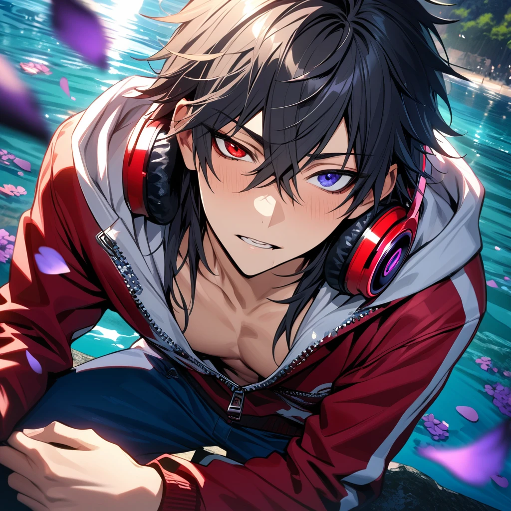 absurdres, highres, ultra detailed, HDR, master piece, best quality, extremely detailed face and eyes, Yamada Ichiro, chin length black hair, Hypnosis Mic, heterochromia, right eye is red, left eye is green, a white hoodie with two zippers, red varsity jacket, blue pants, red headphones around his neck, solo, sexy man, toned chest, handsome, water, purple butterflies, purple flowers, petals