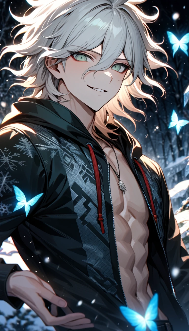 Ultra detailed, HDR, Highres, absurdres, master piece, Komaeda Nagito, white hair, expressive light grey-green eyes, black hoodie with patterns, Danganronpa 2, ice glittering butterflies, winter, ice, snowflakes, white flowers, sexy man, solo, extremely detailed face and eyes, handsome, glittering, toned chest, black tight T-shirt, smirking