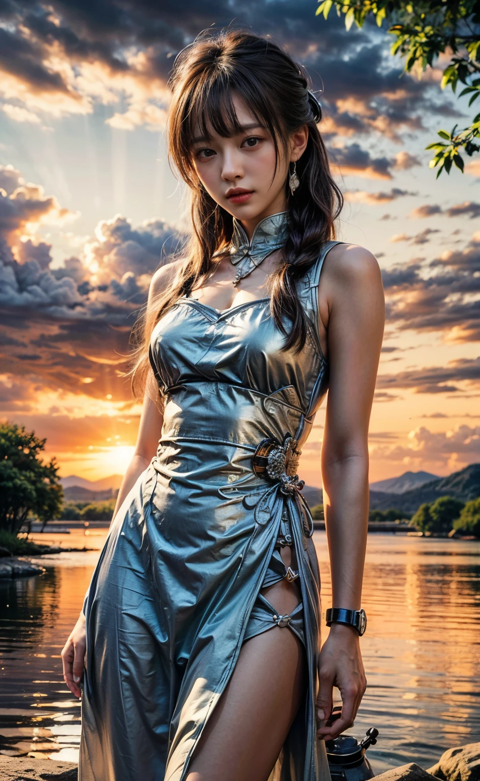 (best quality,highres,masterpiece:1.2),mechanical,hydraulic cylinders,samurai armor,Japanese sword,beautiful girl,twin tails,silver hair,realistic,photorealistic:1.37,photo shoot,ultra-detailed,hyper-realistic textures,full body,battlefield