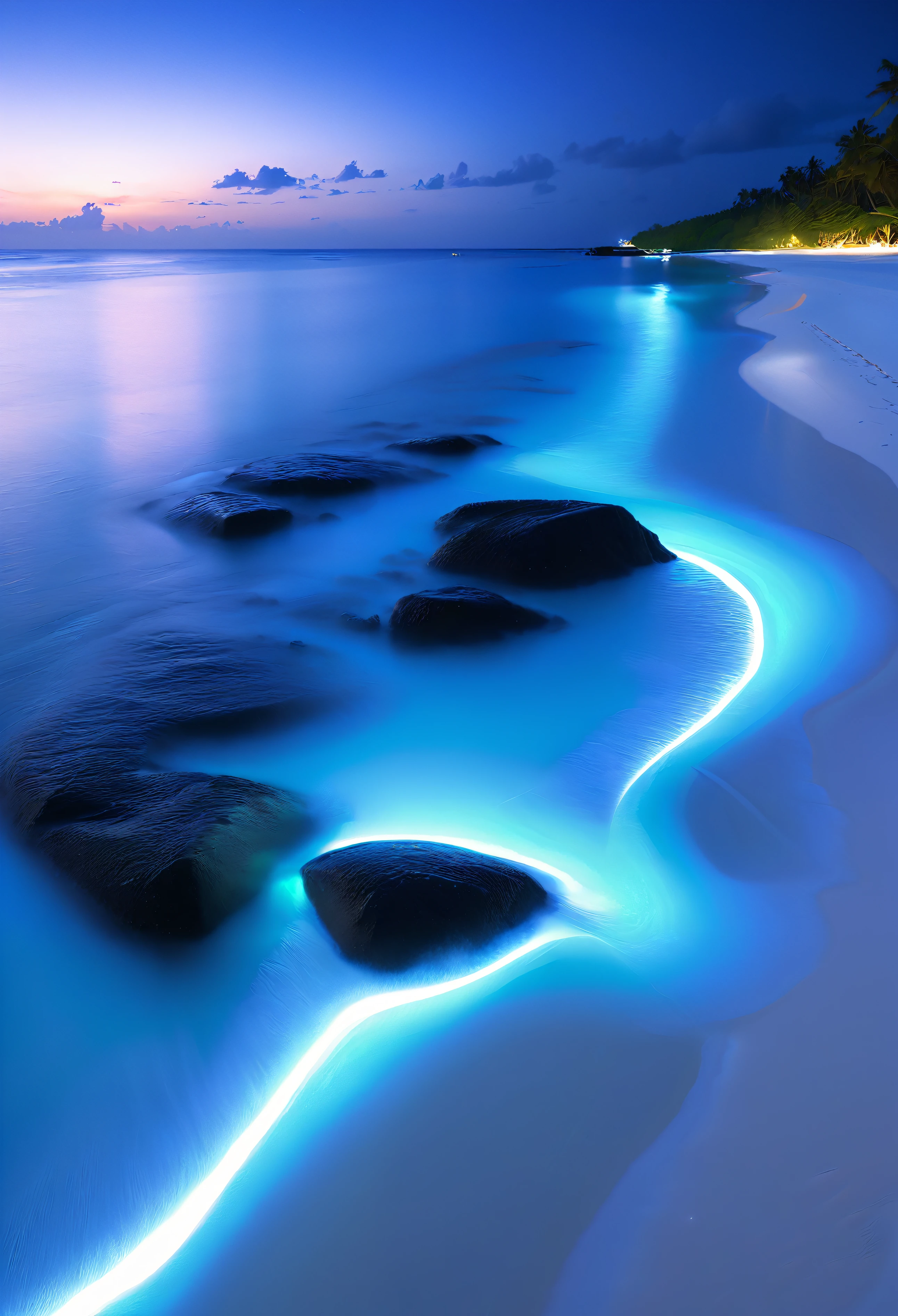natta，There will be blue lights on the beach，surging in the waves、when the sea breeze blowluorescent beaches easily unfold magnificent sea views，Very mysterious and beautiful。glowing beach，Lights appear on the beach at night，Natural phenomena，Biofluorescence，Various microorganisms become light sources，Emits a steady shimmer，show light，Fluorescent beaches on Nduru Island, Maldives，