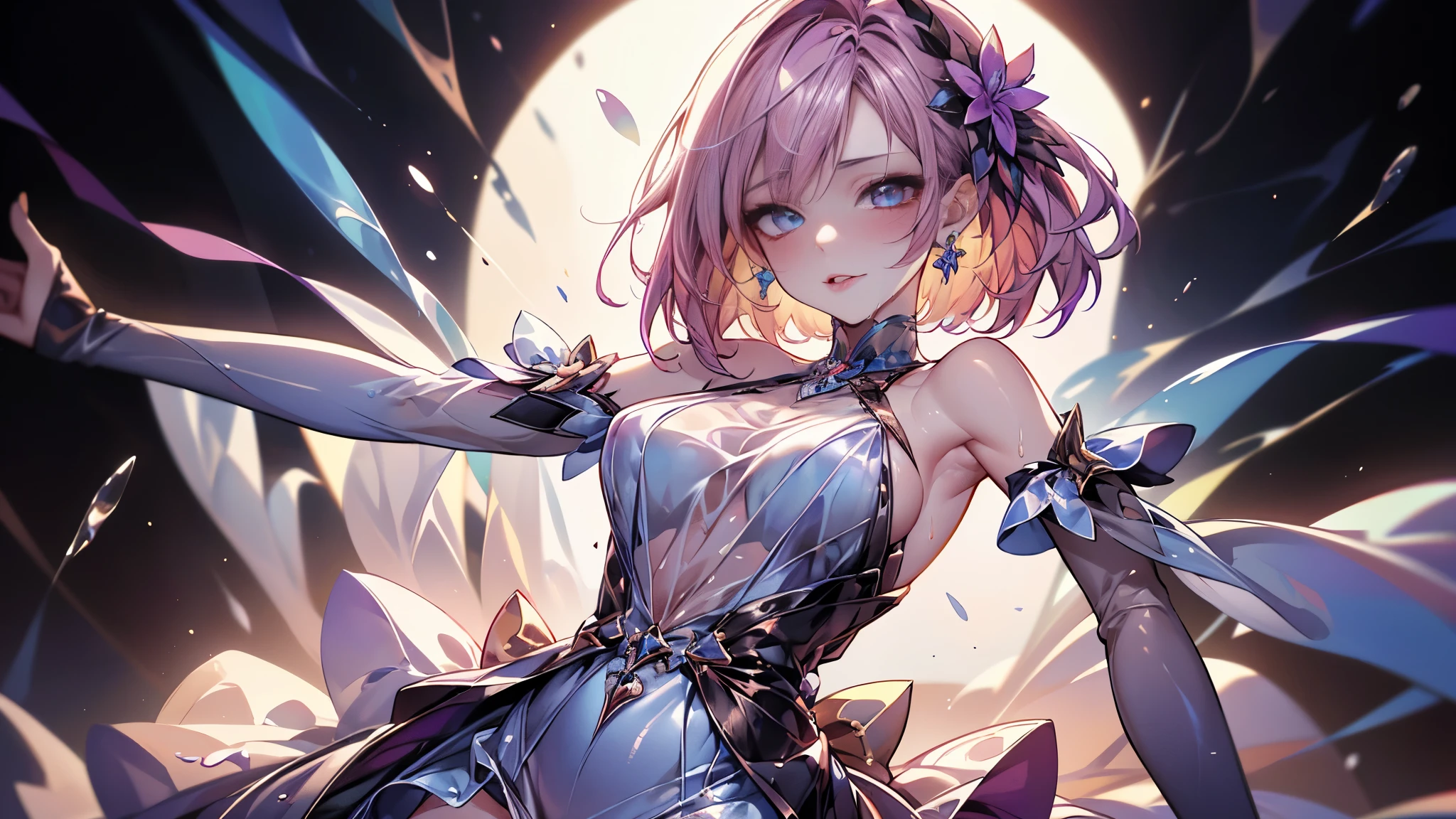 ((Best Quality, 8K, masutepiece:1.3, 1 girl, Beautiful Girl)), Cute, Dynamism, Detailed face, Detailed skin, Detailed eyes, Detailed lips, Detailed fingers, Detailed mouth, detailed tooth, Detailed tongue, Round eyes, Tear bag, Photorealistic, Raw photo, Natural light, Perfect Anatomy, hight resolution, Colorful liquid on body:1.2, Colorful body, Colorful background, twin colored hair, thighs, armpits, sfw, ecstatic face, (masturbation), half closed eyes, ((see-through dress)), ahegao, looking at viewer, drooling, wet body, cowboy shot, shape of nipple, spreading legs, pov, breasts, cum on breasts