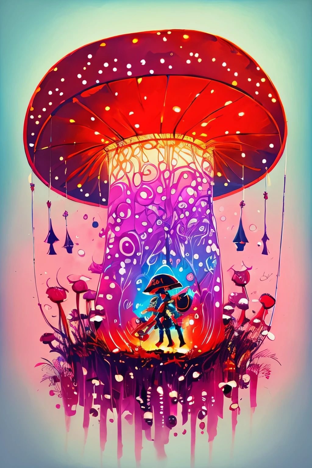 knight of the red mushroom,red mushroom Monster,luminous design, pastel colours, ink drips, summer lights